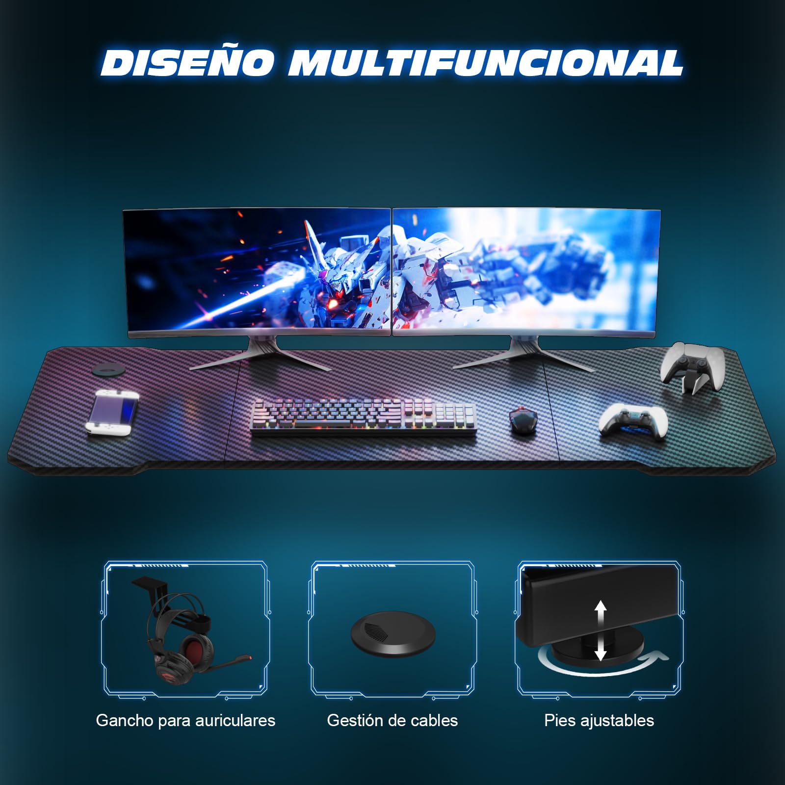 TRIUMPHKEY Mesa Gaming 120 x 60 cm, Escritorio Gaming en Forma de Z Ergonómica, Mesa Gamer de Fibra de Carbono, Mesa para Ordenador con Gancho para Auriculares, Negro