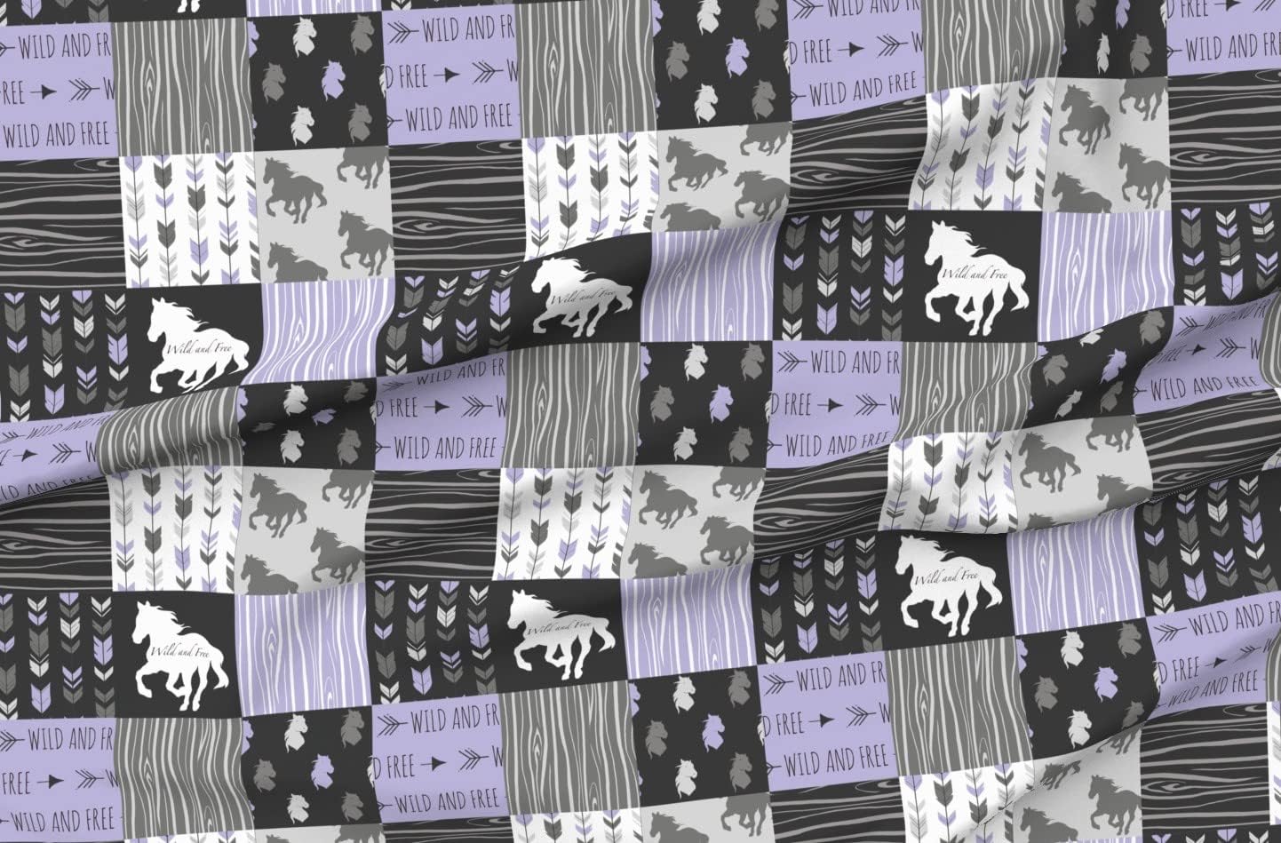 Spoonflower Fabric - Wild Horses Patchwork Lilac Black Grey Horse Lavender Printed on Organic Cotton Sateen Fabric by The Yard - Sewing Quilting Apparel Home Decor