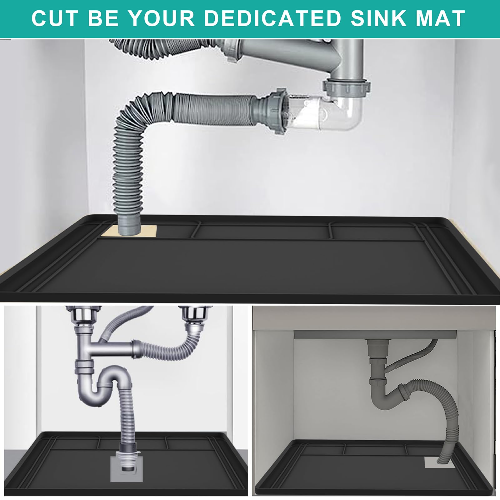 Under Sink Mats for Waterproof, Cuttable Under Sink Drip Tray Protectors, 34" X 22" Silicone Sink Liners with Drainage Hole, Hold 3.3 Gallons Liquid for Kitchen Bathroom Cabinet Drips Leaks (Black)