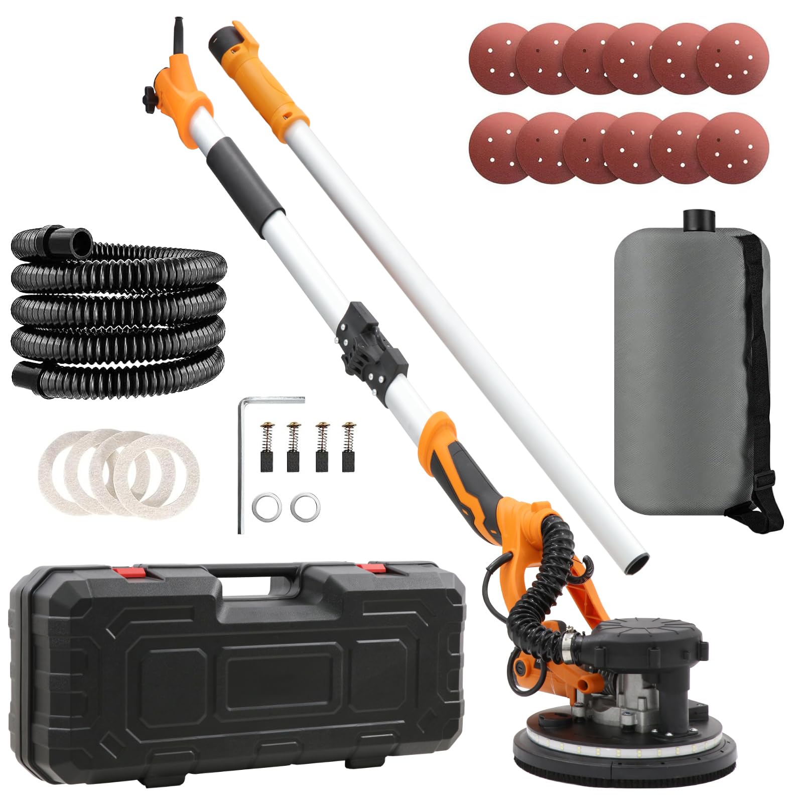 Levigatrice per muro telescopica,1250W Levigatrice Muro con Aspiratore, 5 Velocità Variabili 800-1800 giri/minuto, Impugnatura Estensibile, Luce LED, Tubo per La Polvere Lungo