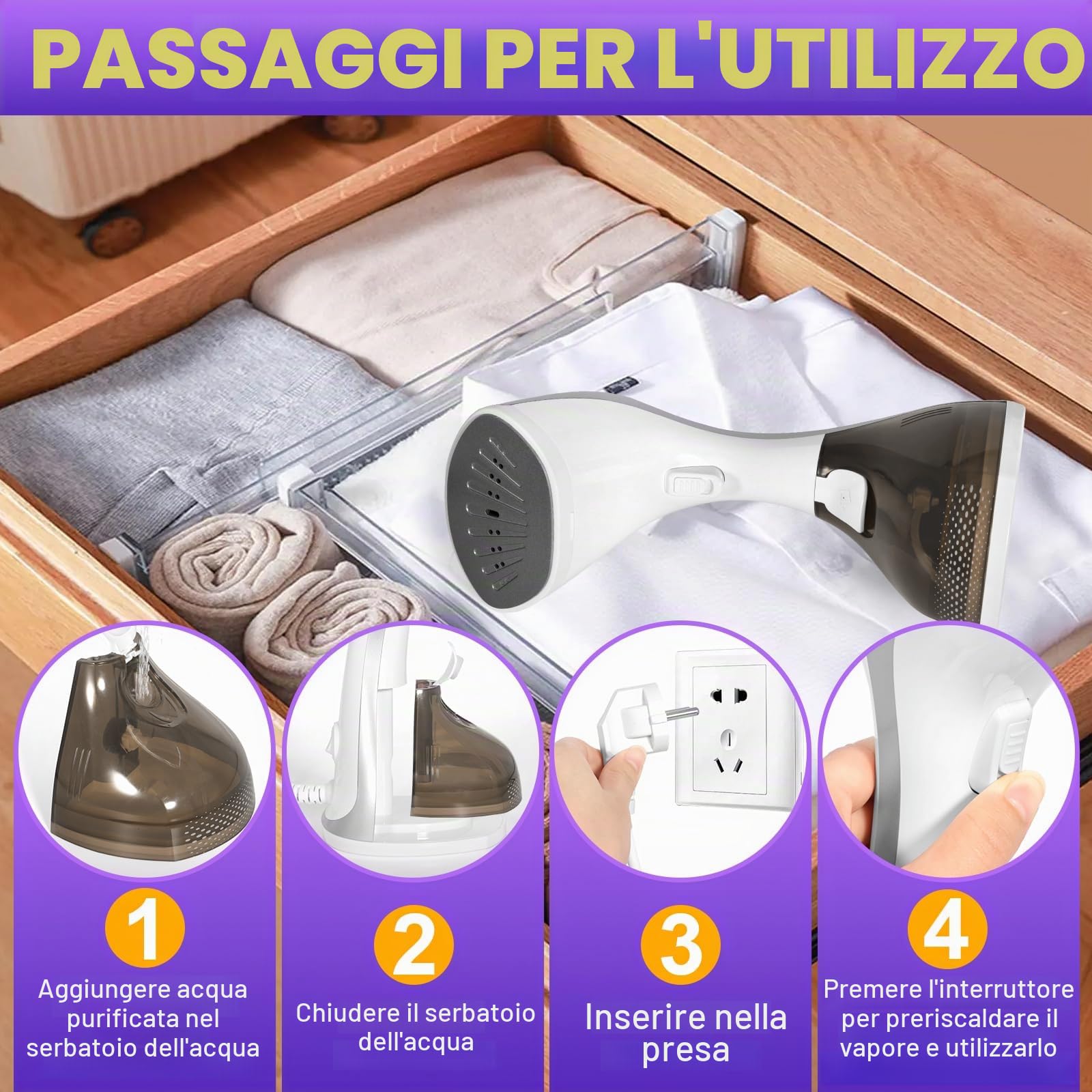 Vaporiera da 1500 W, Serbatoio Acqua 270ML, Stiratrice Verticale Portatile per Casa, Ufficio e Viaggi, Compatta e Leggera, Riscaldamento Rapido Ferro da Stiro Verticale Lunghezza Linea 1.8 M