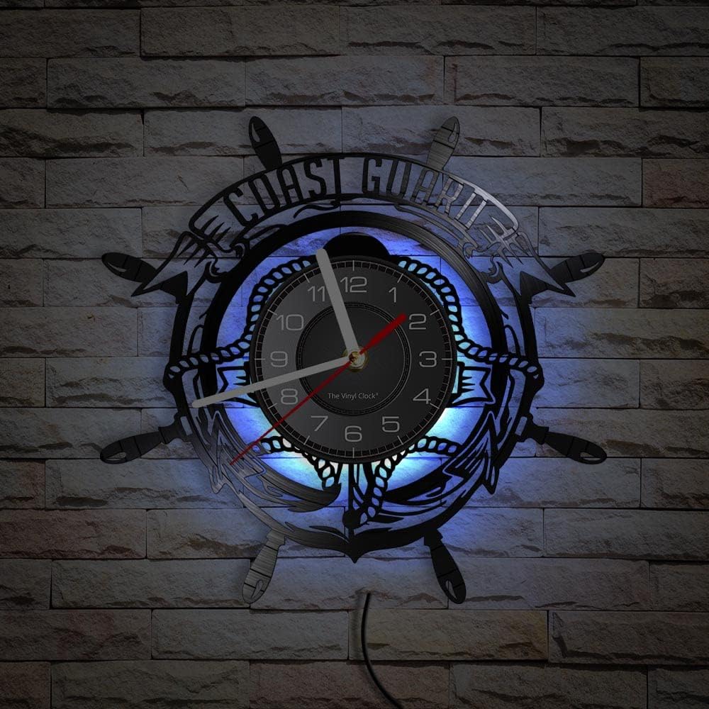 12 Inch Coast Guard LED Wall Clock with 7 Colors Changing, Silent Quartz Non Ticking Vintage Decorative Analog Black Vinyl Record Wall Clock for Coast Guardsman Retirement Gifts Office Decor
