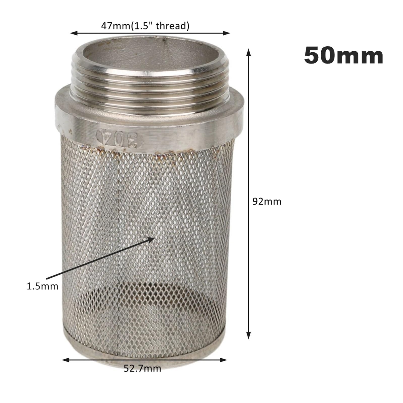 Filtro de malla acero inoxidable 304 extendido for acuario, tanque agua, bomba riego jardín, accesorios filtración(50mm-Long)