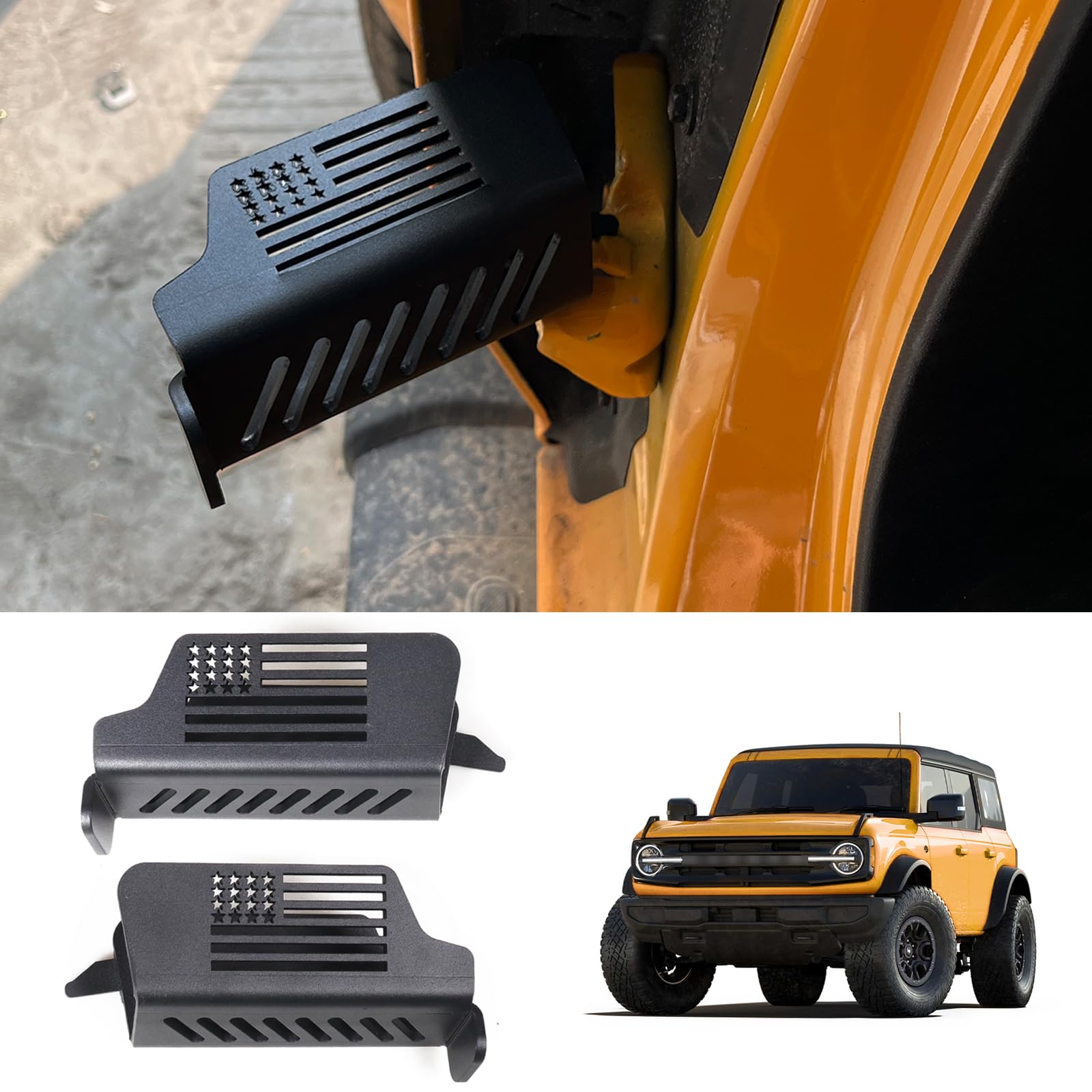 Black Steel Front Door Hinge Foot Pegs (2PCS) with US Flag Design for Ford Bronco (2021-2025)
