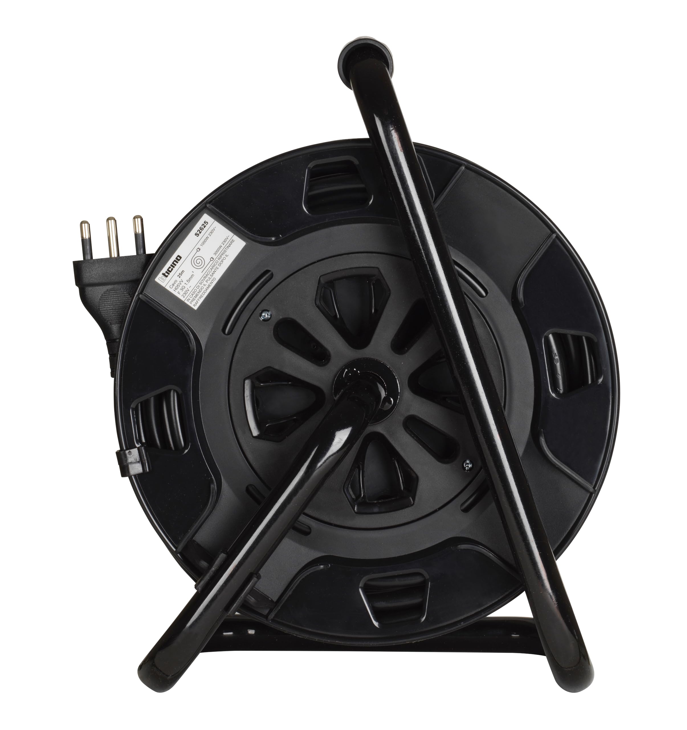 BTICINO Carrete de cable S2625 alargador eléctrico de 25 metros, 4 enchufes Schuko, bipolo, enchufe grande de 16 A, interruptor térmico, mango ergonómico, soporte de cable y carrete de cable, color