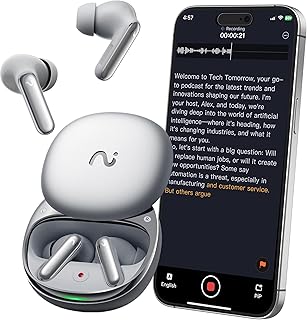 RecDot AI Voice Recorder Earbuds, viaim AI Meeting Assistant with Transcription, 78 Languages, FlashRecord, to-Do Lists & Summaries with viaim AI, 48dB ANC for Meetings, Interviews & Lectures, Sliver