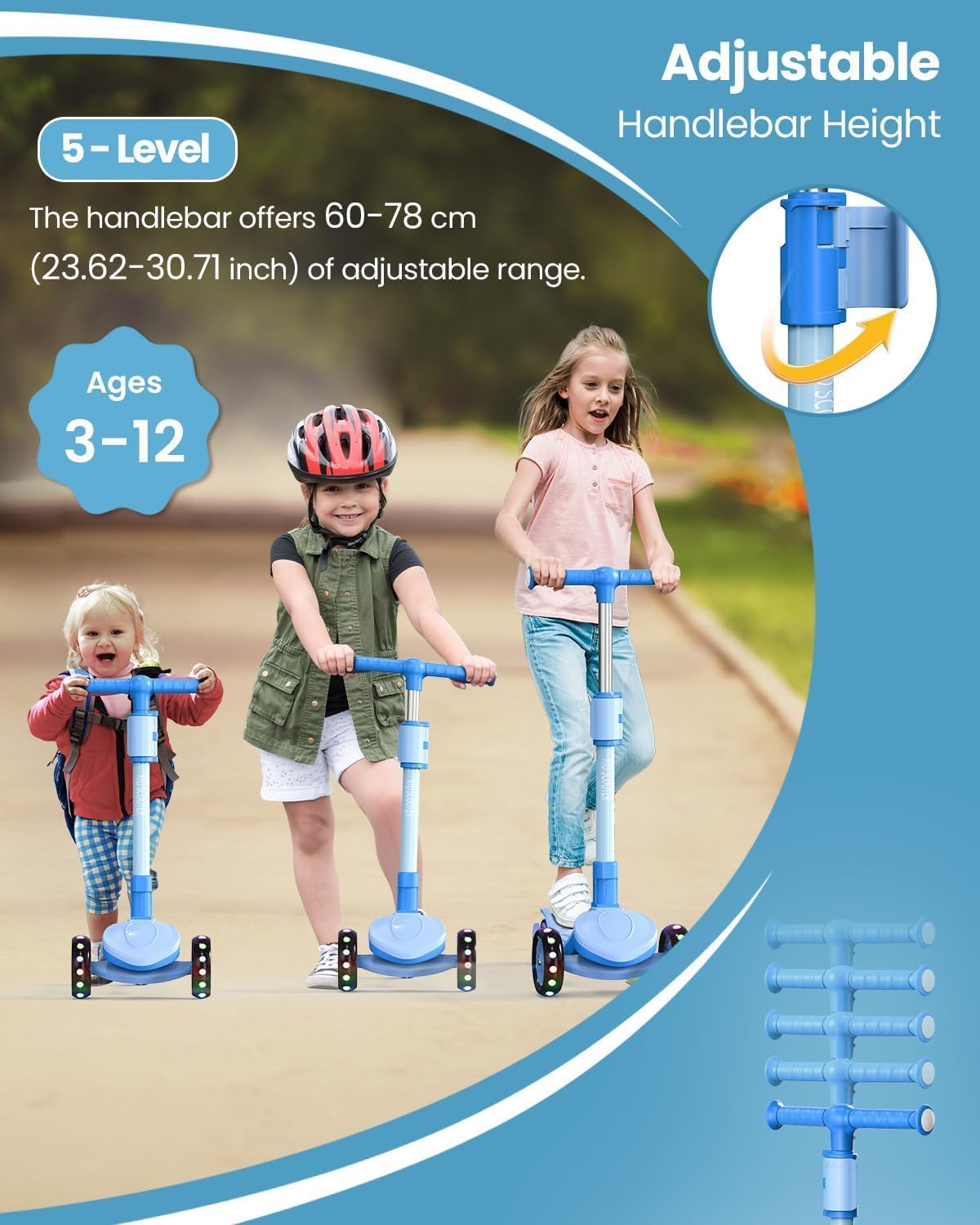 2-in-1 Adjustable Kick Scooter for Kids 3-5 (Suitable 3-12 Years),5-Level Handlebar & Removable Seat, LED Light-Up Wheels, Wide Deck, Foldable Design for Indoor/Outdoor Use - Girls & Boys - Image 3