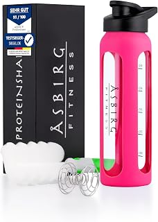 Asbirg Shaker de Proteínas de Vidrio 700 ml – Sin BPA, Hermético y Resistente – Botella Mezcladora con Bola de Vidrio de Borosilicato – Botella para Batidos y Deporte | Rosa