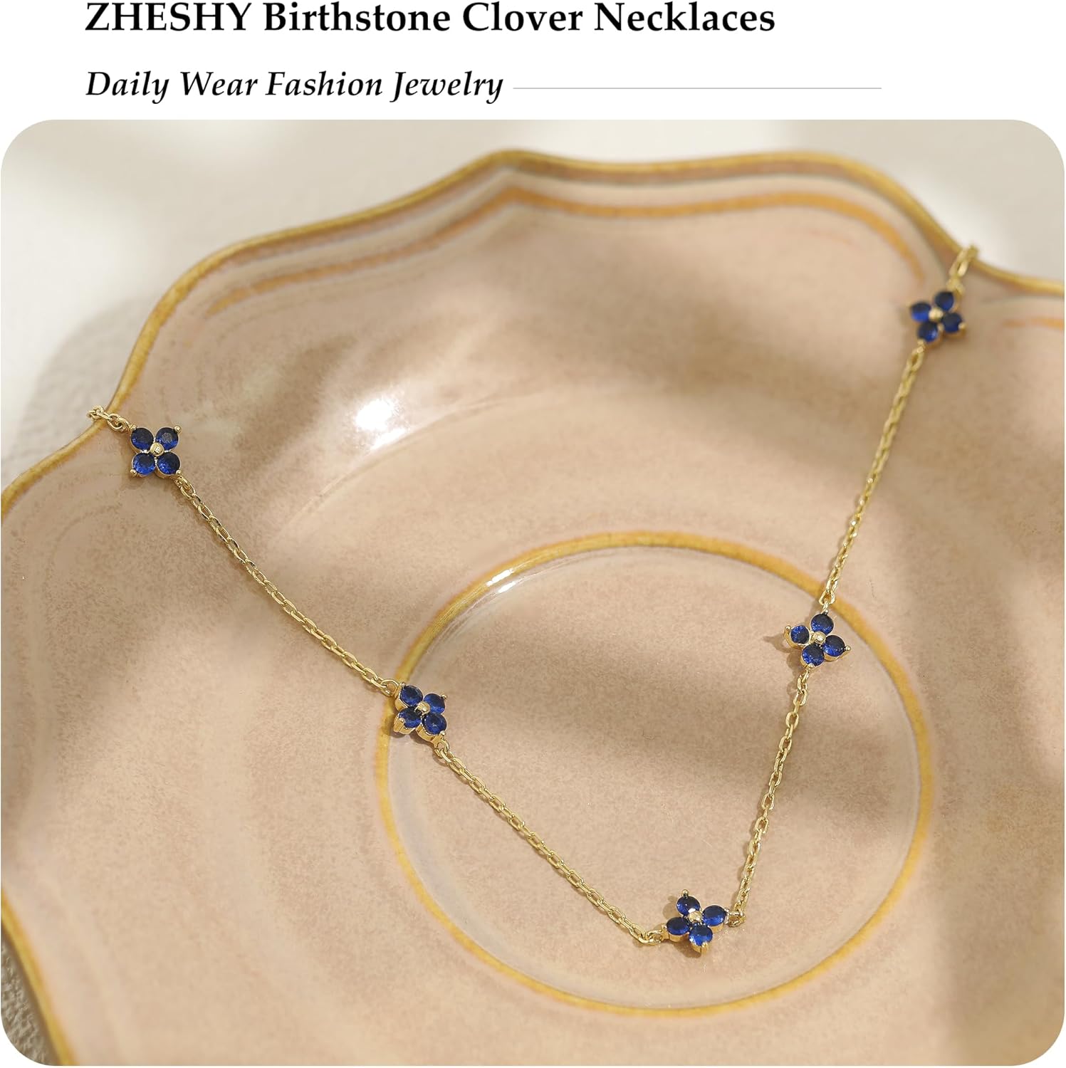 Birthstone Gold Necklace for Women Dainty Non Tarnish 14K Gold Plated Diamond Choker Necklaces Clover Emerald Green Cubic Zirconia Necklace Birthday Valentine's Day Gifts Womens Prom Gold Jewelry - Image 8