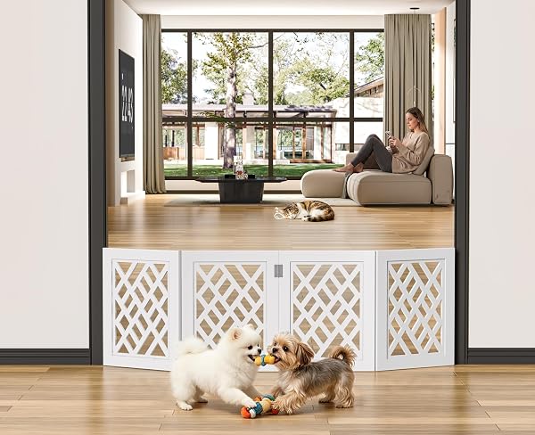 Snughome ペットゲート ペットフェンス 折り畳み式ゲート 置くだけ 犬用ゲート自立型ゲート柵 犬 ゲート 安全柵 小型犬 脱走防止 犬フェンス 室内用 ペット飛び出し防止柵 ペット用家具フェンス 多頭飼い ペットフェンス 木製 玄関 軽量 (長さ45-110cm 、高さ40cm、4つのパネル) - 1