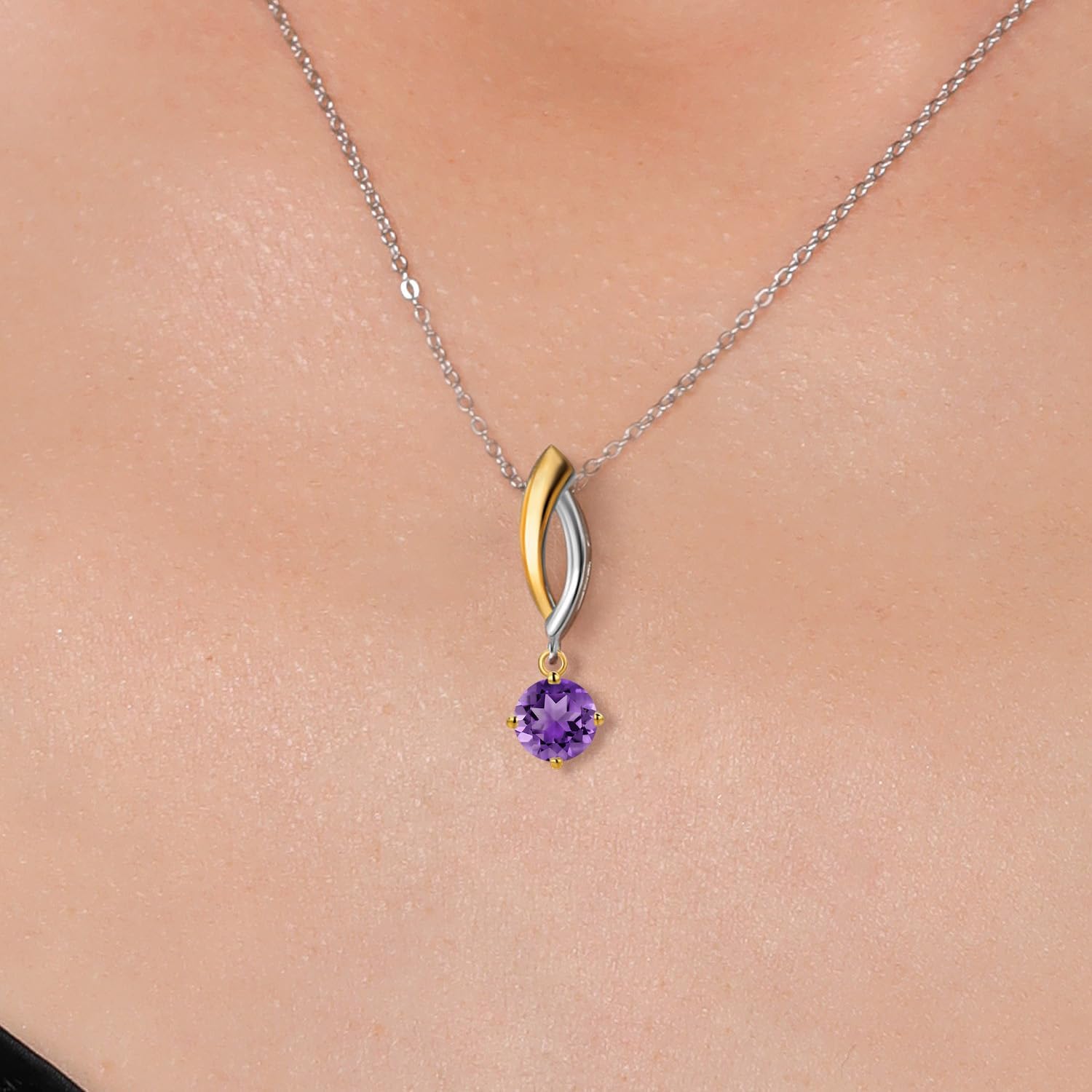 Gem Stone King 925 Silver and 10K Yellow Gold Purple Amethyst Pendant Necklace for Women | 0.48 Cttw | Gemstone February Birthstone | Round 5MM | With 18 Inch Silver Chain - Image 3