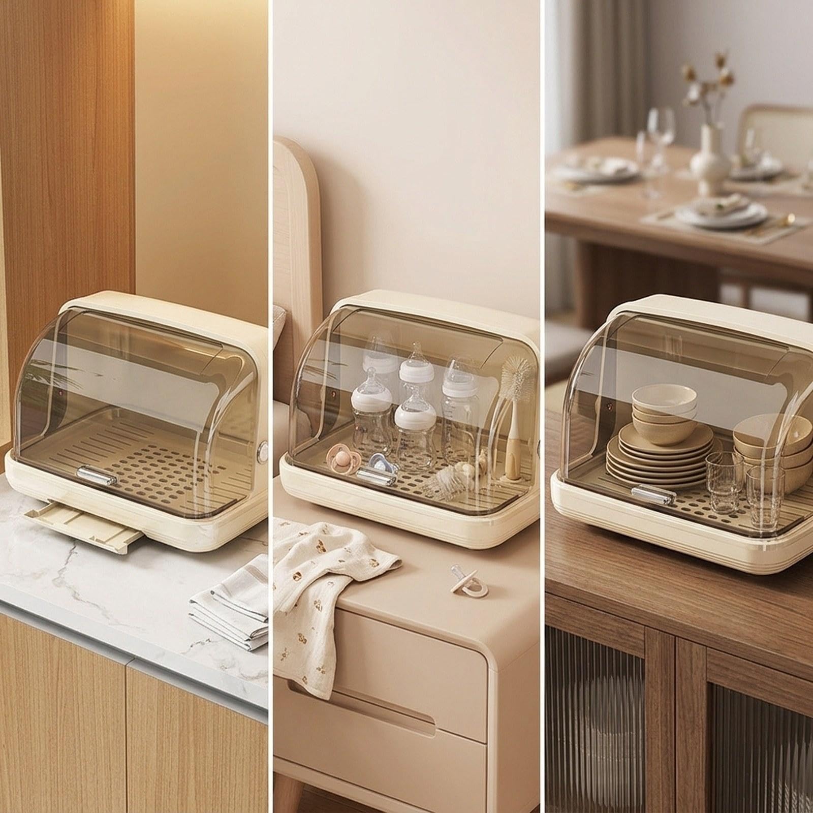 Secador de Botellas, Soporte para Botellas, Escurridor de Cubiertos con Tapa para Vasos, Beige, Individual