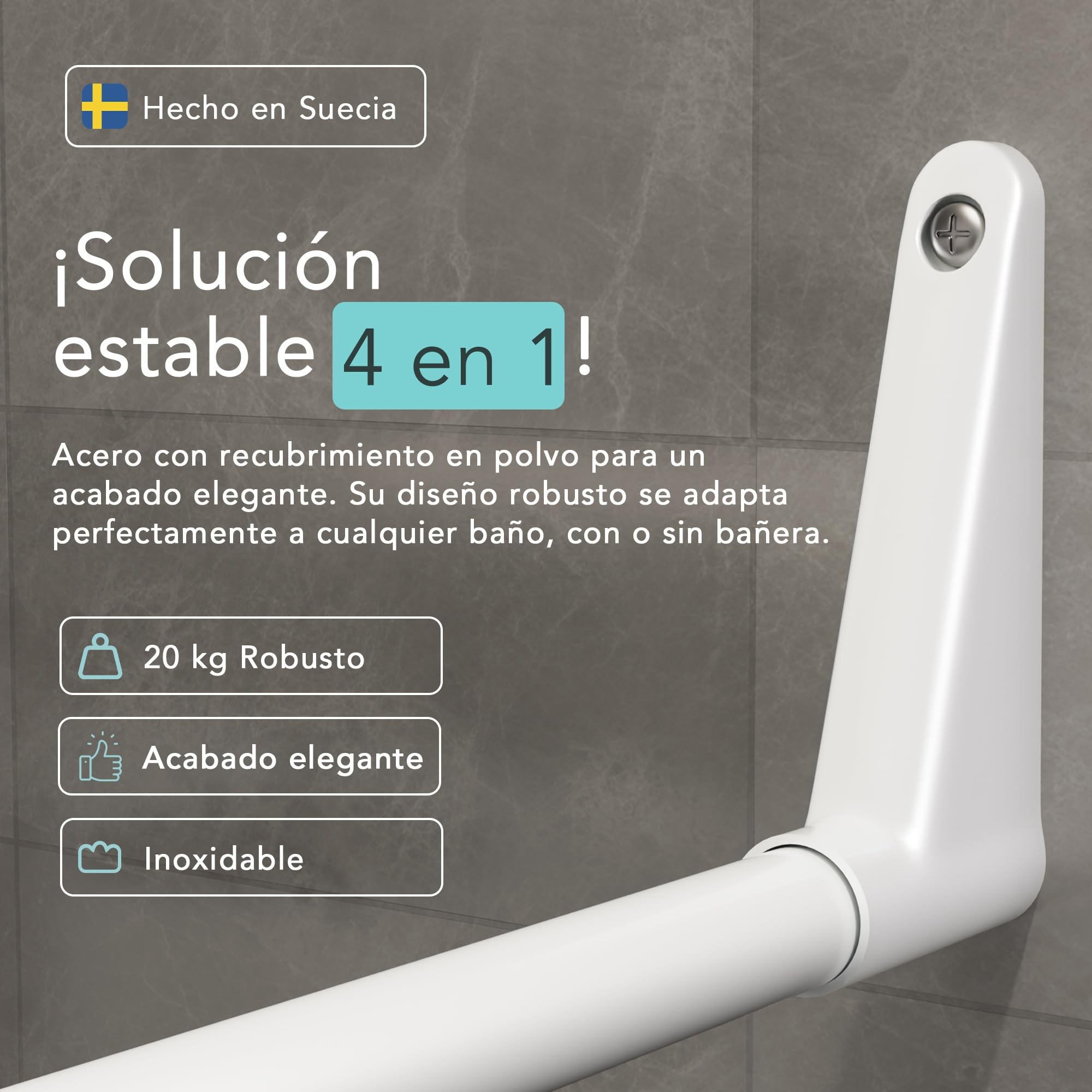 Erica Barra para Cortina de Ducha en Forma de U de 70x165x70cm, Barra para Cortina de Baño para Bañera sin Soporte en el Techo, Recubierta de Plástico sin PVC, Inoxidable (Blanco)