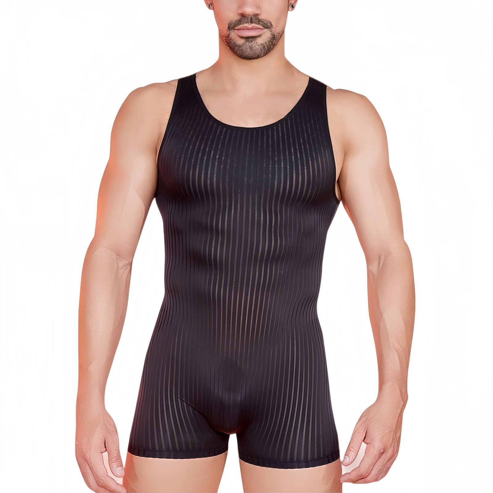 TouKingda Mens Wrestling Singlet Sleeveless Sheer Mesh Gym Jumpsuit See Through Striped Lingerie Bodysuit One Piece Shorts Leotards Slim Fit Muscle Undershirt for Festival Rave Nightwear Black