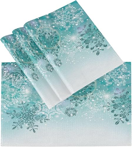 Juego de 6 manteles individuales de arpillera de Navidad con diseño de copos de nieve y turquesa para el hogar, cocina, decoración de vacaciones