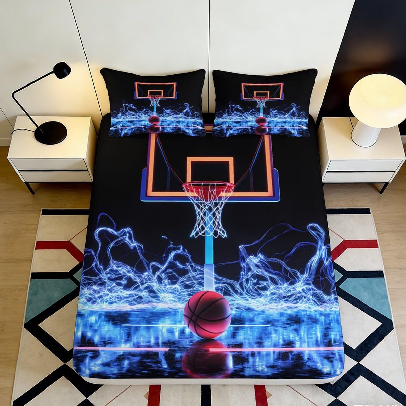 Pnayamiorkfel Style-10 3D Printed Neon Basketball Fitted Sheet Microfiber Anti-Slip Bed Cover For Bedroom Guest Room Dorm Decor 90X200x25cm