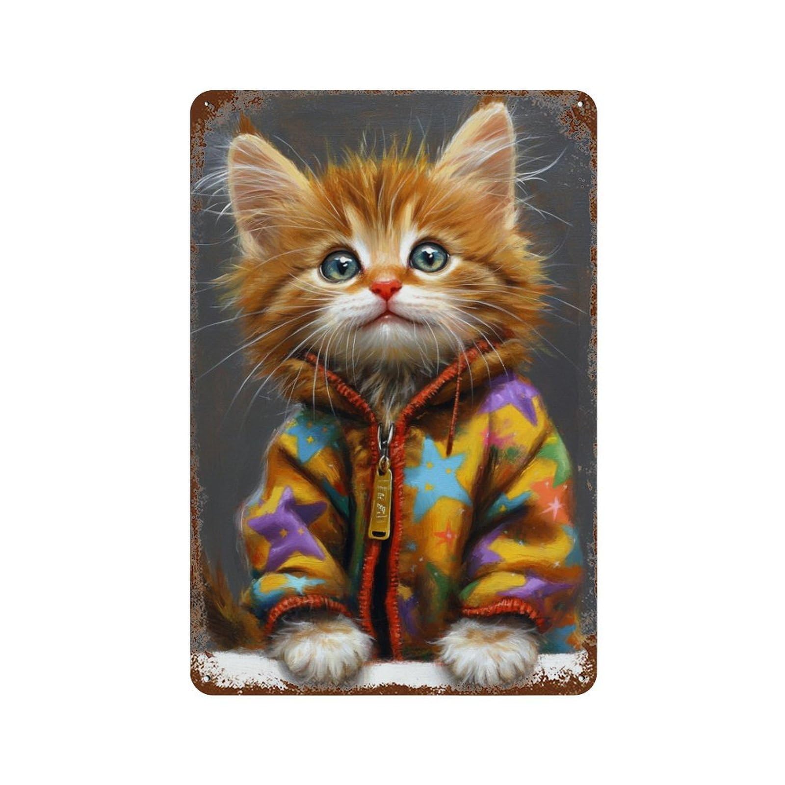 Kitten in Colorful Jacket Vintage Metal Tin Sign 11.8"x7.9", Vintage Wall Decor for Garage, Pub Or Kitchen