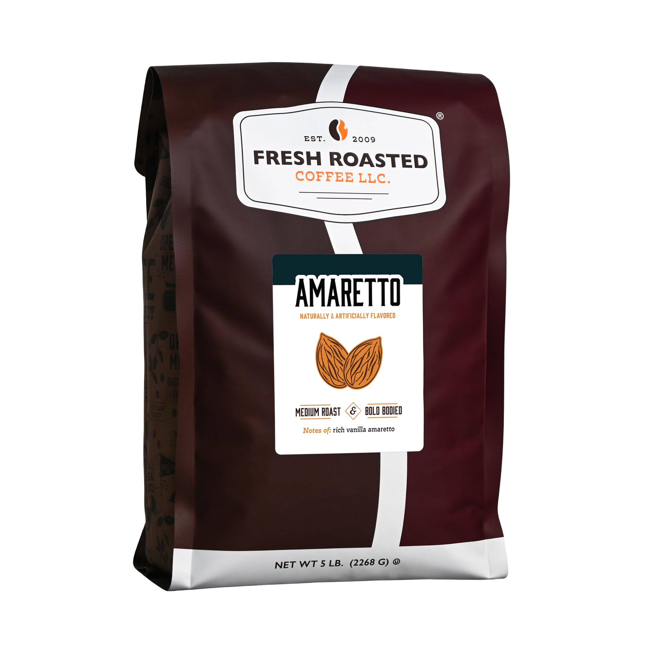 Fresh Roasted Coffee, Amaretto Flavored Coffee, 5 lb, Medium Roast, Kosher, Whole Bean