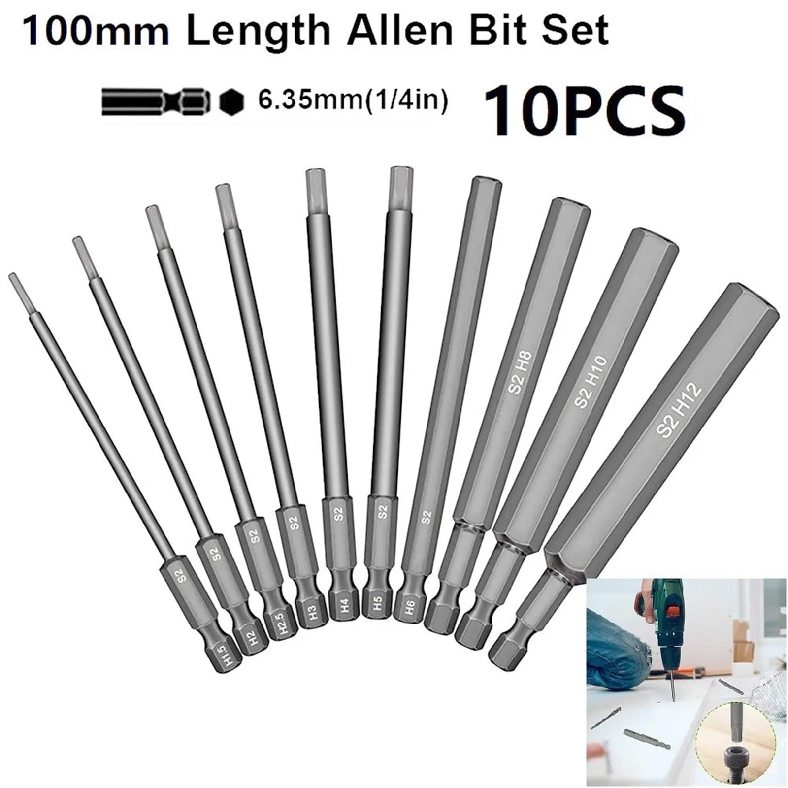 10Pcs 1.5-12mm 1/4 Inch Hex Head Allen Wrench Screwdriver Drill Bit Set Magnetic Tip 100mm S2 Steel Metric Hex Key Screwdriver