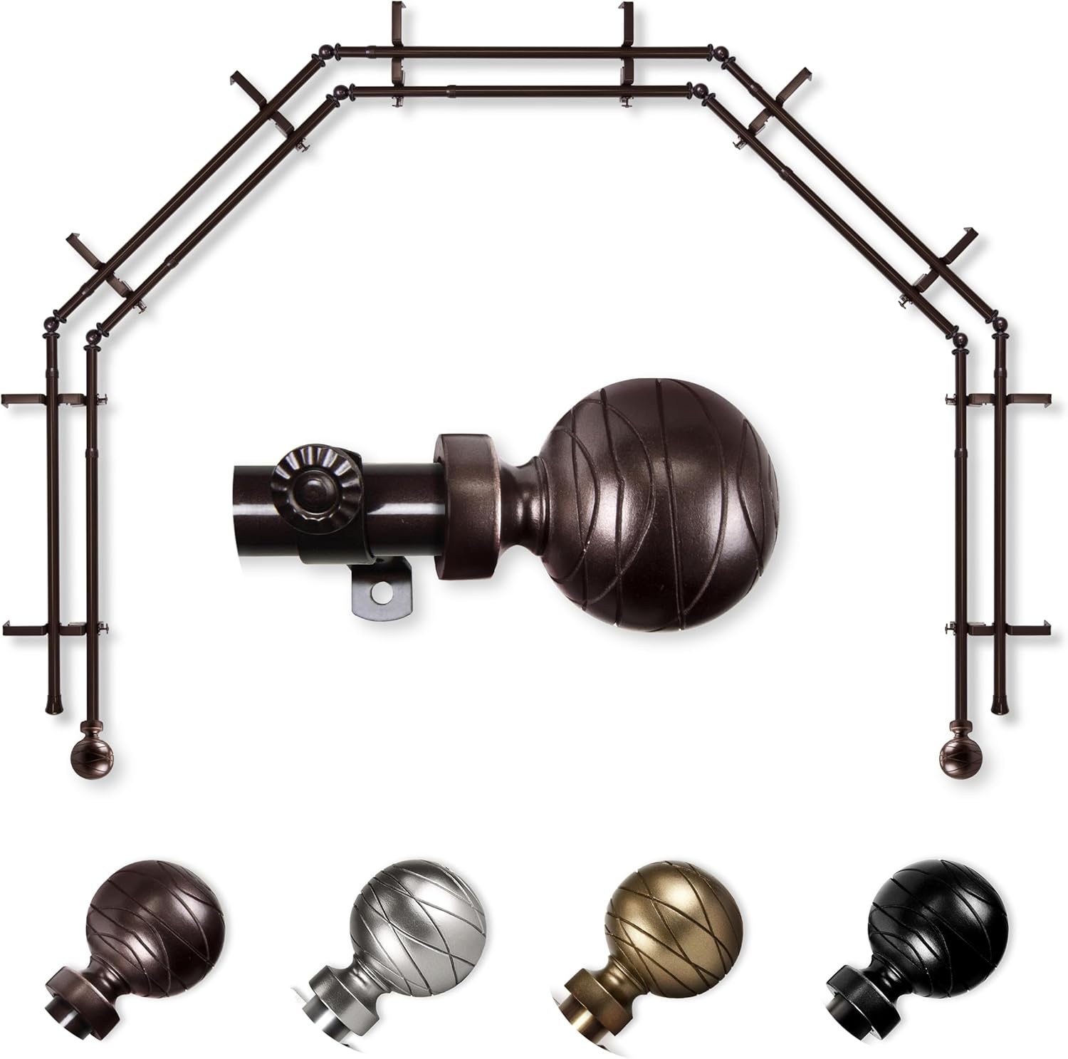 A&F Rod Décor - Ferro 13/16" 5-Sided Double Bay Window Curtain Rod - Satin Nickel