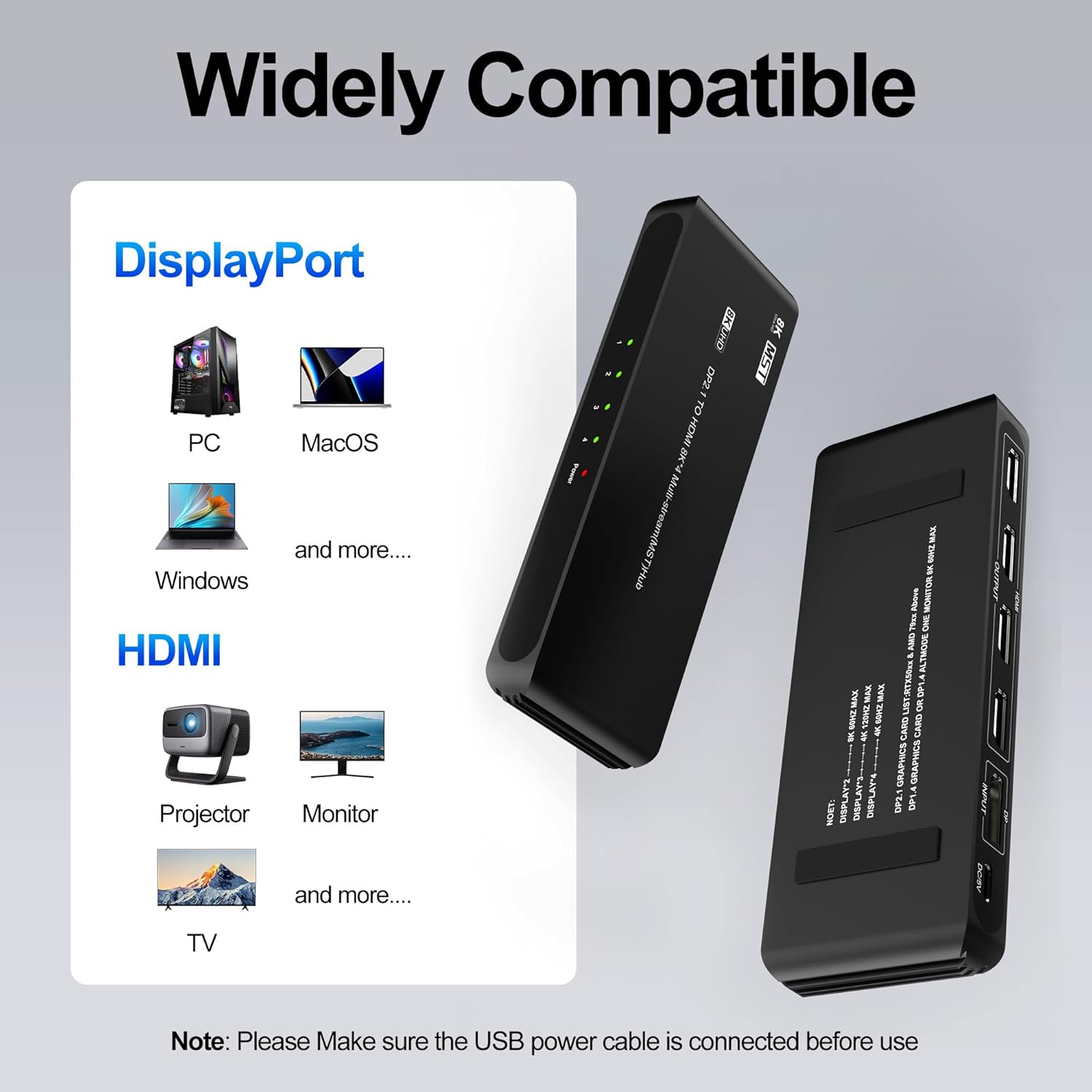 DisplayPort to HDMI Splitter for 4 Monitors, 8K@60Hz HDMI Splitter Extended Display 1 DP in 4 HDMI Out DisplayPort MST Hub for Multiple Monitor, Compatible with Computer, Graphic Card, PC
