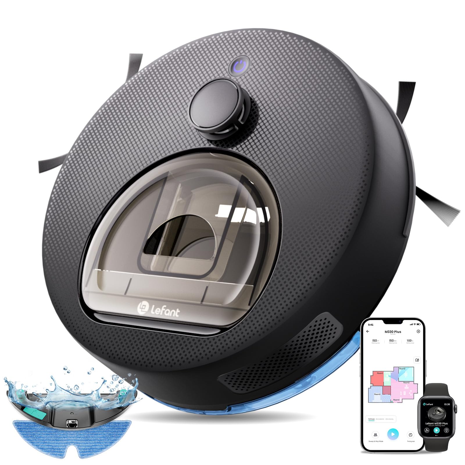 Lefant M330 Plus Robot Aspirateur Laveur 3en1, 5000Pa, Navigation LiDAR Précise, Système Freemove 3.0, Anti-Emmêlement, Zone Interdite Intelligente, 3 Niveaux d'Aspiration, 150Min, APP/Alexa, Noir