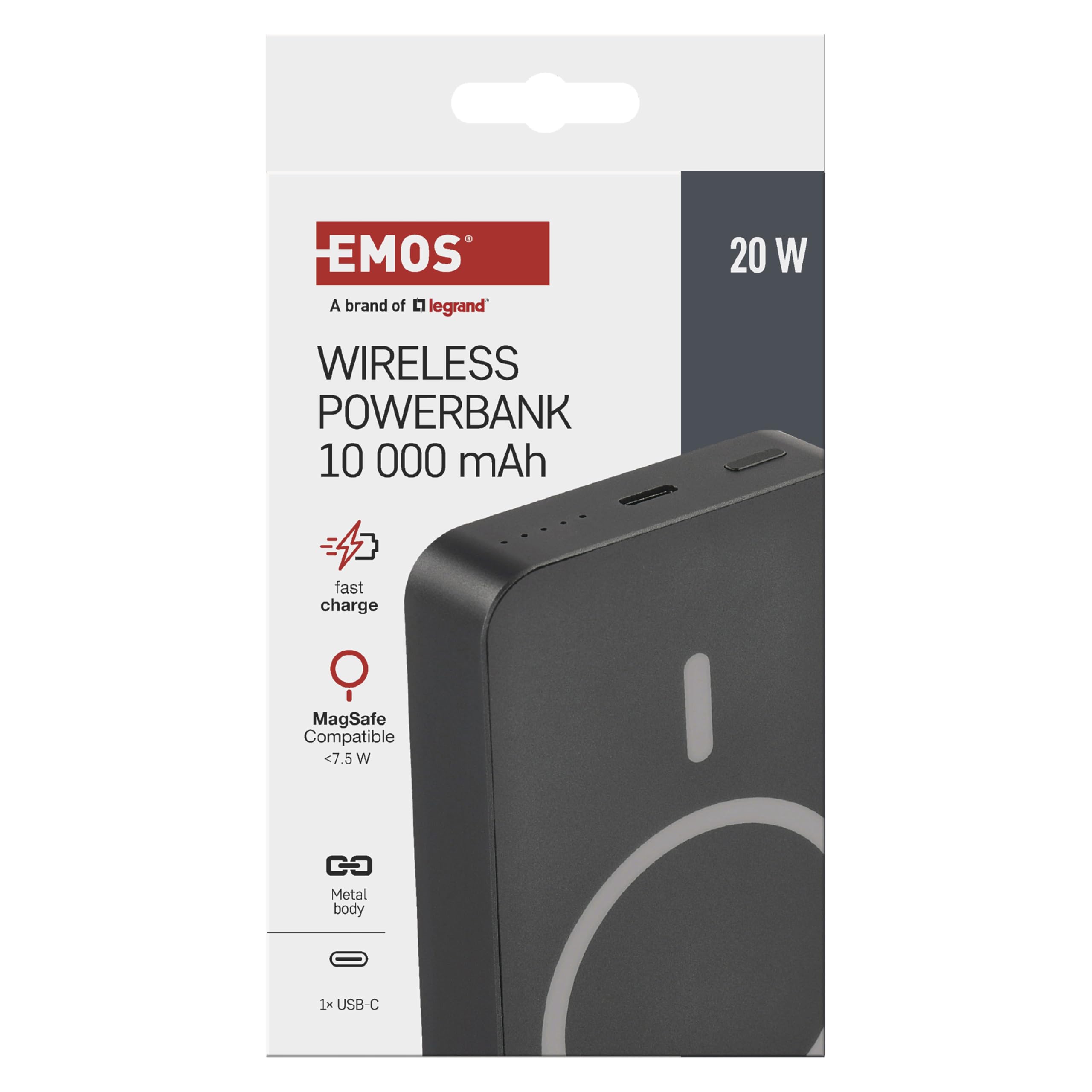 EMOS - Powerbank 10.000 mAh WI 1046 con imán - Batería Externa magnética con passthrough y Carga inalámbrica - Salida USB-C incluida Cable de Datos USB - para iPhone, iPad, Smartphone, Tablet - Gris