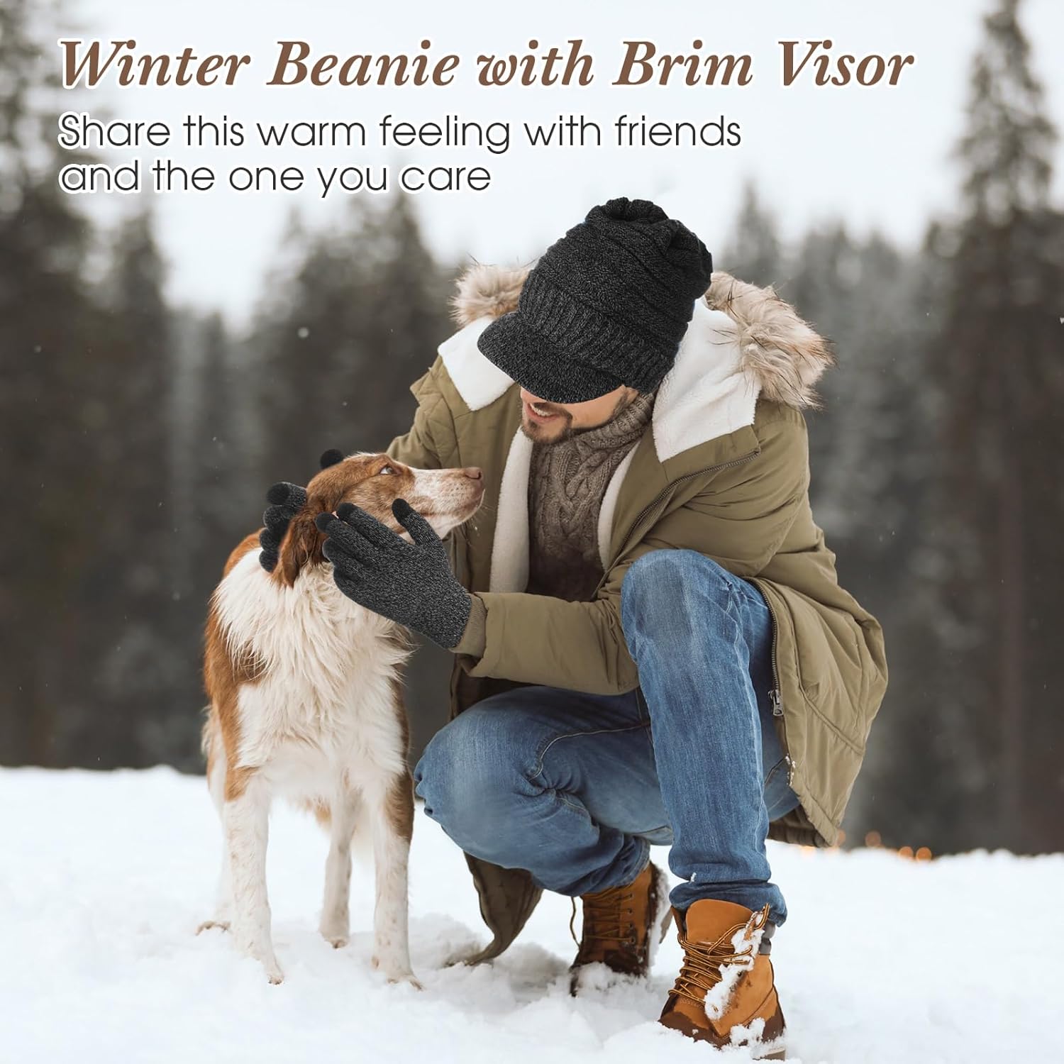 6 Pcs Winter Beanie Hat Gloves Set Satin Beanie Hat with Brim Visor Lined Winter Touch Screen Gloves for Men Women - Image 3