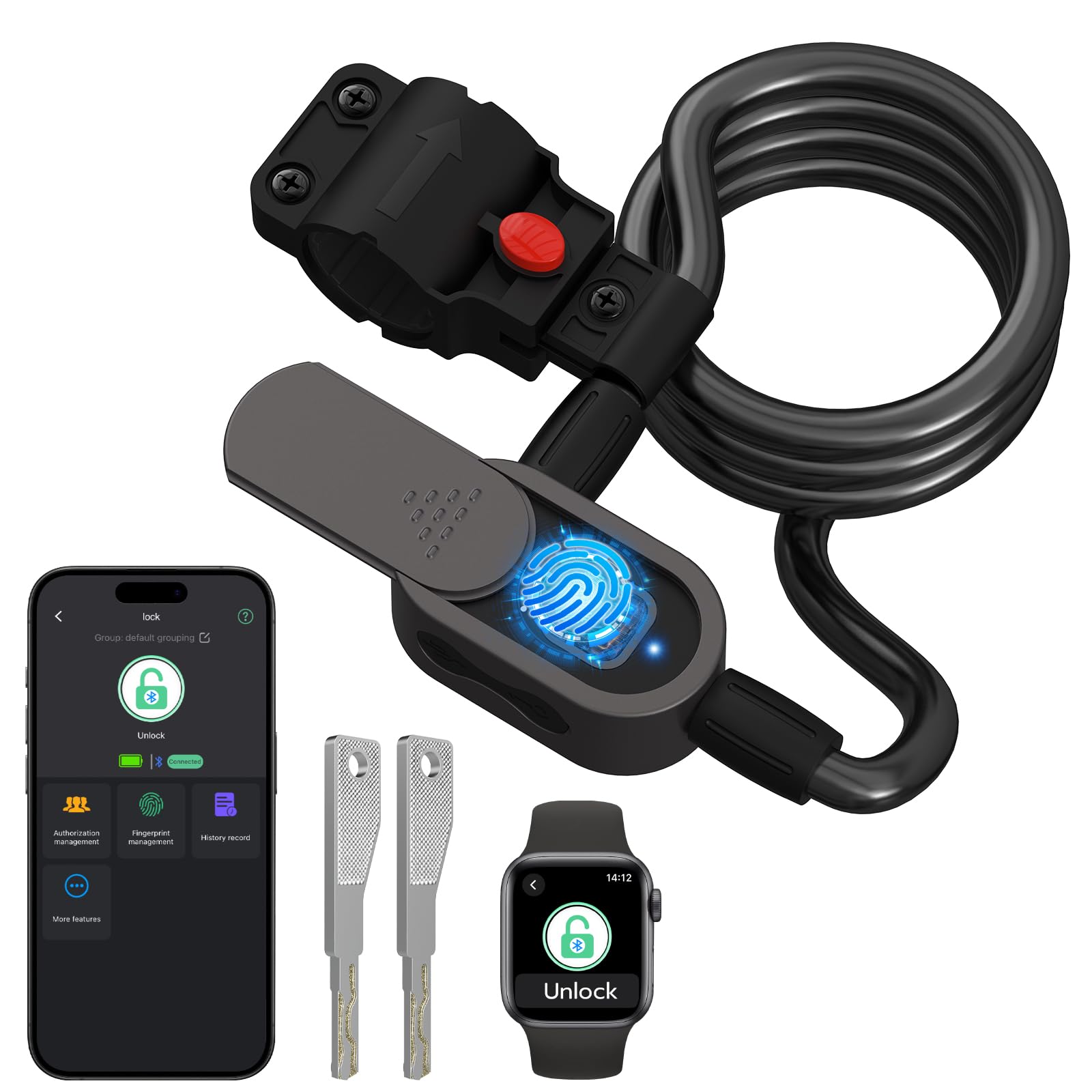 Eseesmart Bike Lock with Fingerprint, Bicycle Lock with Keys Fingerprint Bluetooth Control Digital Electronic Biometric, Heavy Duty Waterproof High Security Bike Locks Scooter Motorcycle Bicycle-Black