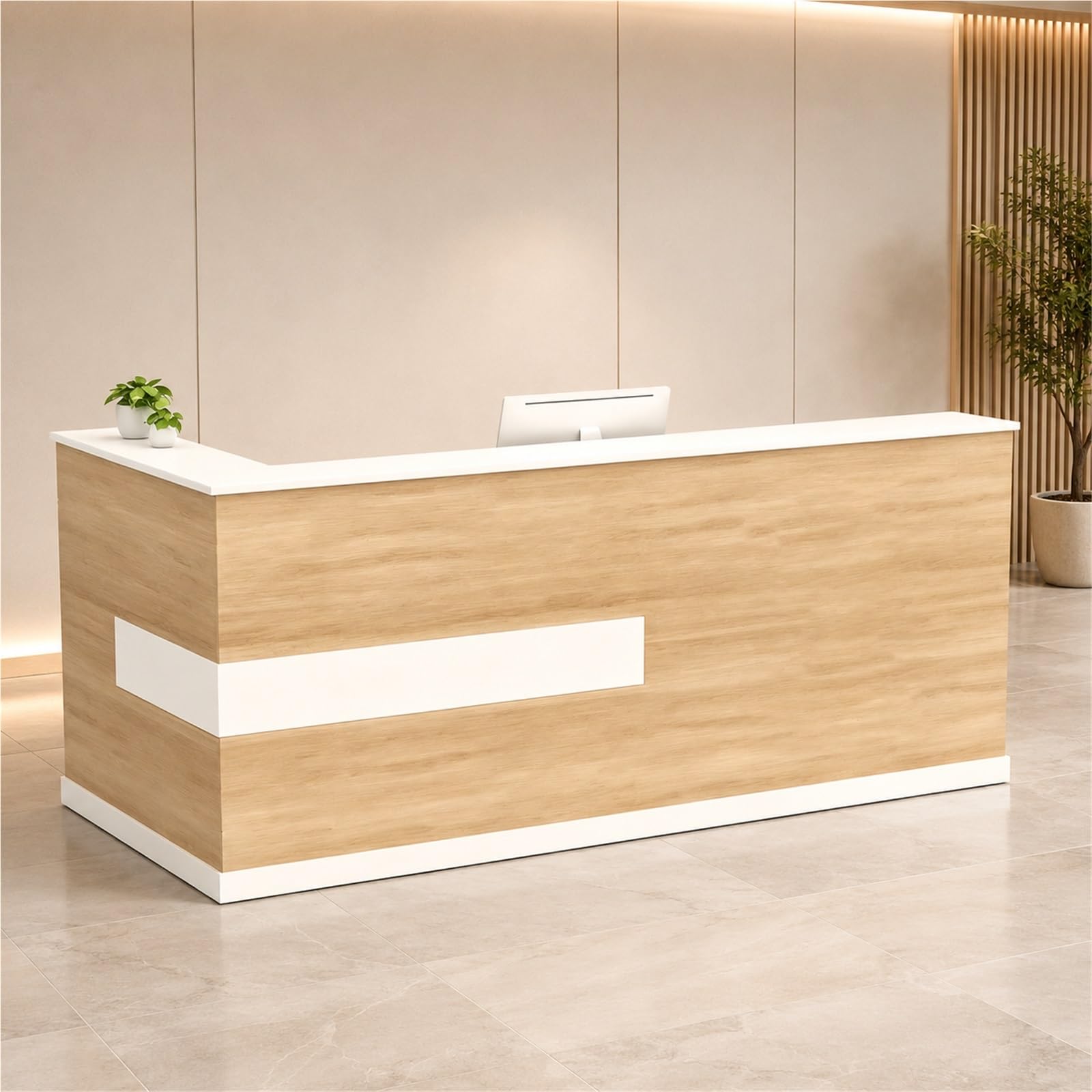 Moderne L-förmige Empfangstheke Rezeptionstheke mit Schublade, Stauraum | 110 cm Hohem Sichtschutz für Büro Salon Praxis Laden Hotel Studio(Right beige+White,120cm/47.2")