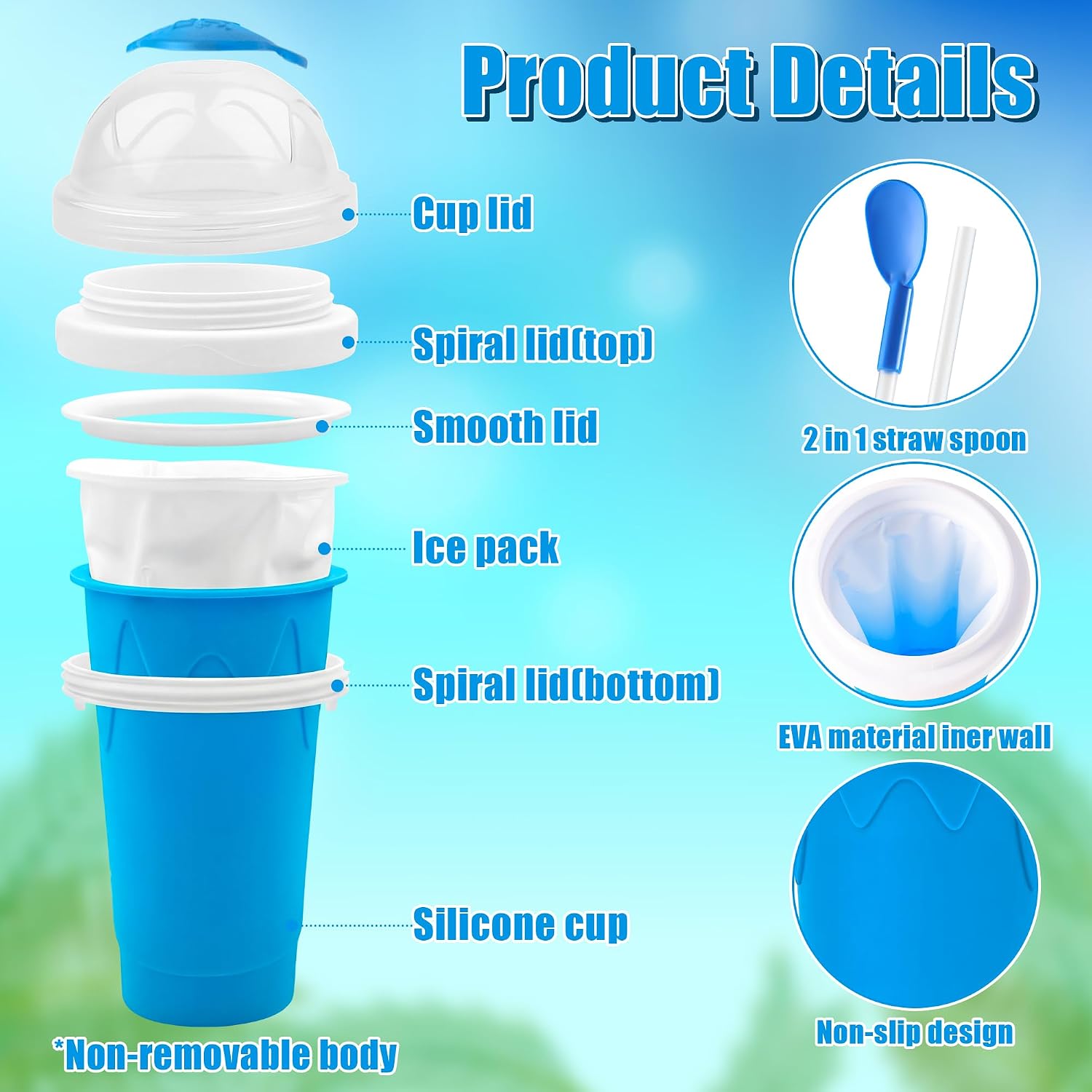 2 Pack Slushy Cup with Cleaning Brush Set - DIY Quick Freeze Squeeze Cup with Lid, Straw Spoon, Slushie Maker for Milk Juice Smoothies, Summer Gift for Kids Family Friends (Blue+Pink) image 3