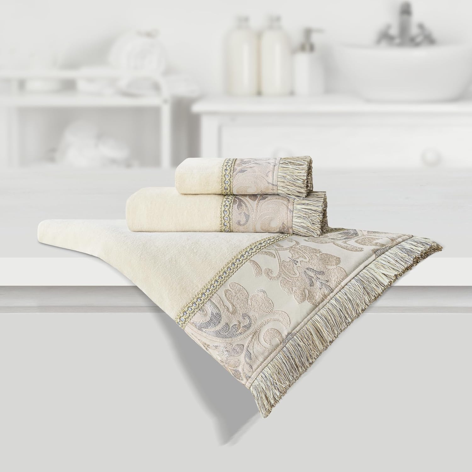 Loom and Mill Luxury Cotton Bath Towel Set 3 Piece-1 Bath Towel 1 Hand Towel 1 Wash Cloth, Ultra Soft Decorative Towel Sets Highly Absorbent for Bathroom, Elegant Floral Design(Ivory-Light Apricot) - Image 3