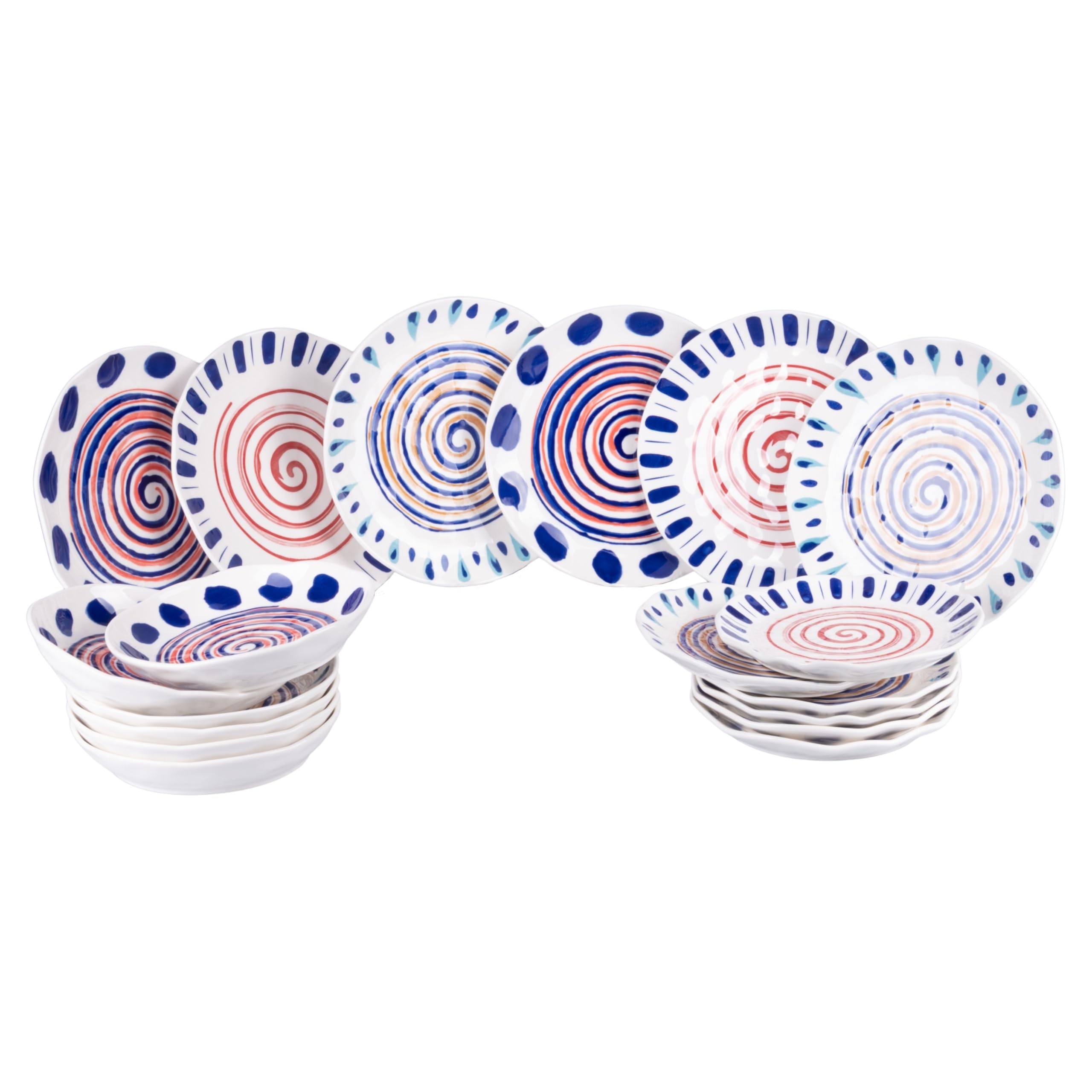 Servizio piatti 18 pezzi in ceramica, 6 posti tavola in 3 diversi decori, Sahara