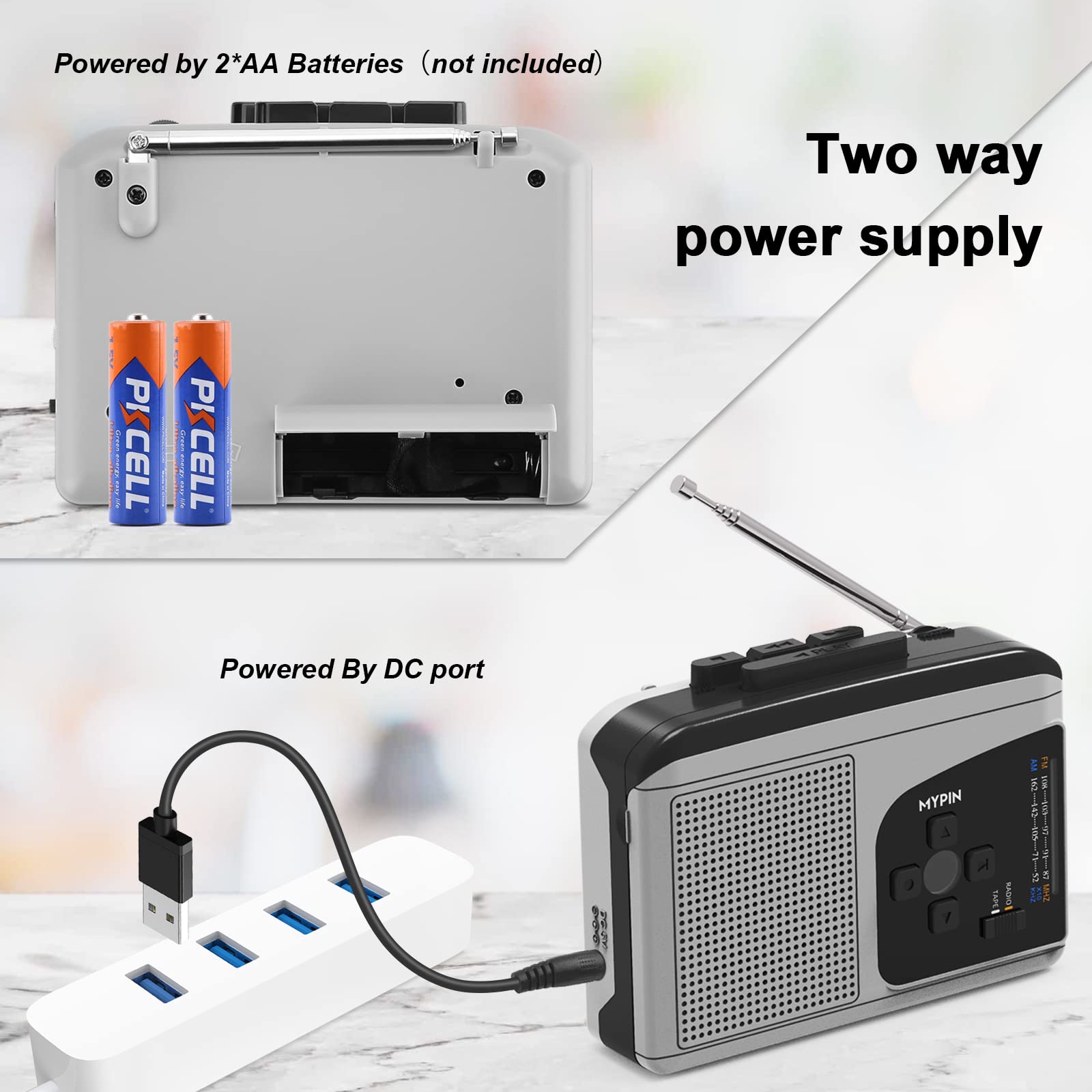 MYPIN Reproductor de Cassette Radio Am/FM Estéreo con Altavoz y Auriculares, Cassette Reproductor & Convertidor Audio Cassette a MP3 Digital,Admite Grabación, Avance rápido y Rebobinado