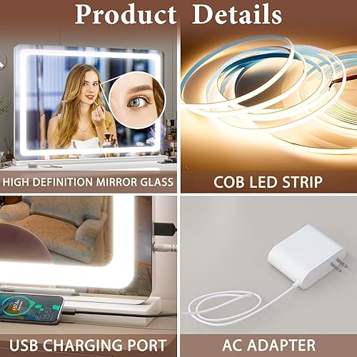 Miniatura 7 de FENNIO - Espejo de tocador con luces, espejo de maquillaje iluminado, espejo grande para tocador, sensor táctil con 3 modos de iluminación, aumento