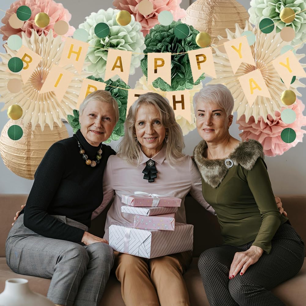 Sage Green and Dusty Pink Birthday Decorations Neutral Birthday Decorations Sage Green Pink Paper Pom Poms Paper Fans Happy Birthday Banner for Women Girls - Image 5