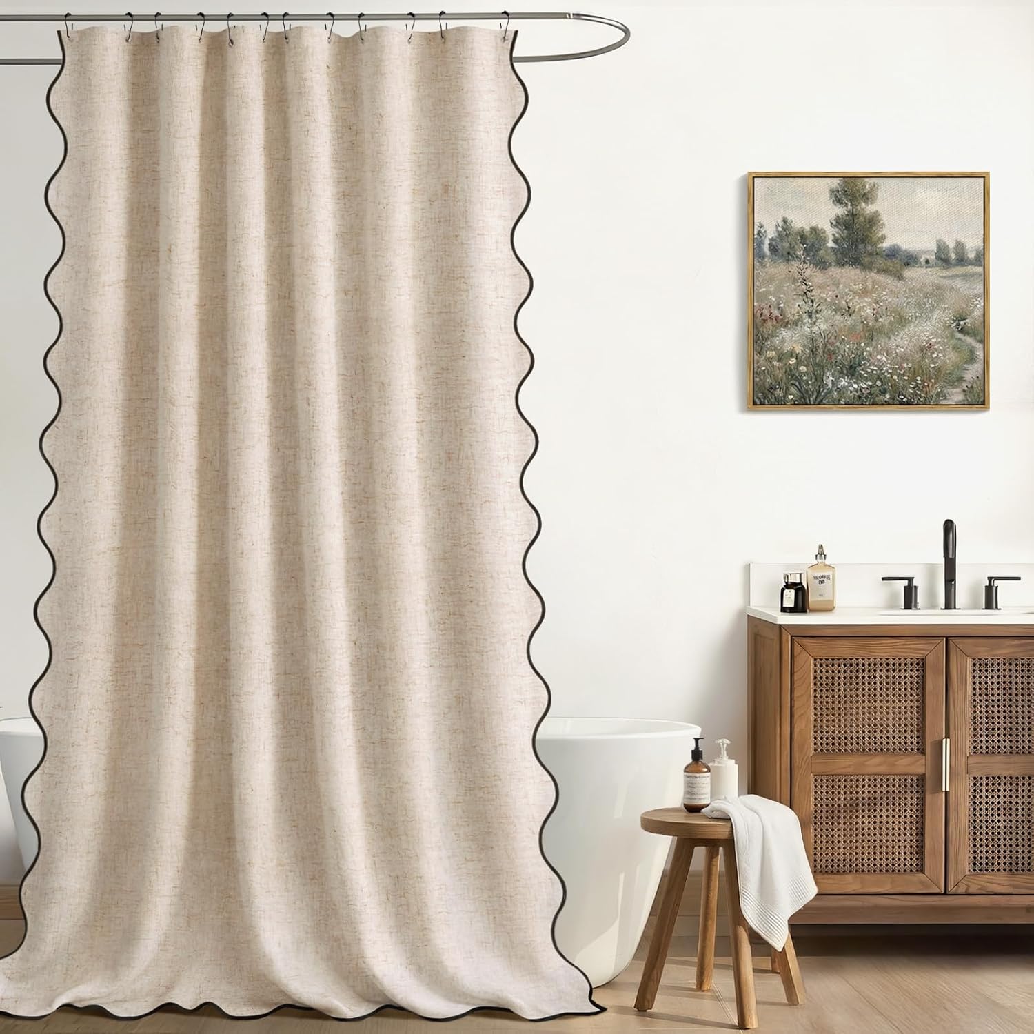 Extra Long Shower Curtains 96 Inch Linen Beige Cute Black Scalloped Boho Modern Shower Curtains for Bathroom Set, 72" W x 96" L