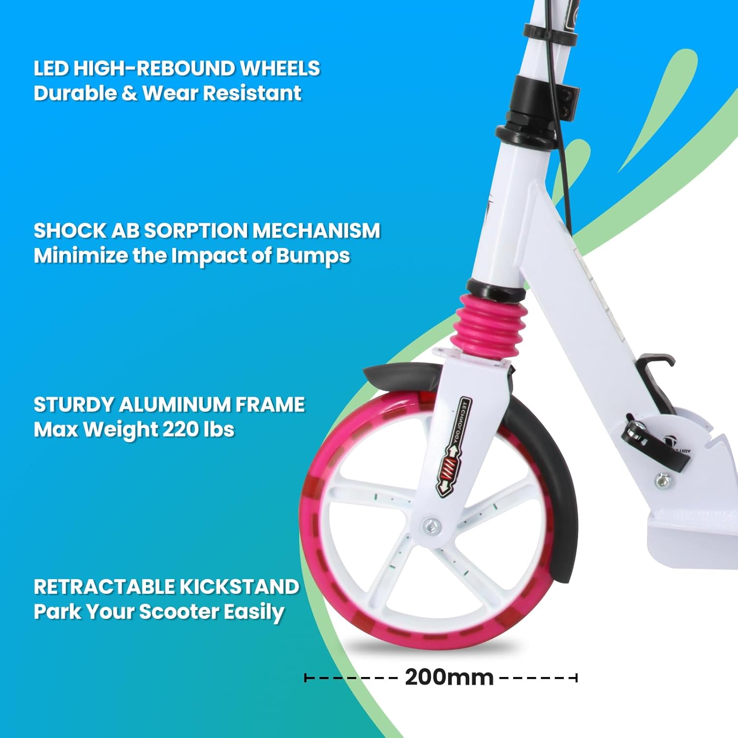 LED Light Up Large Wheels Scooter for Kids Ages 6-12 and Adults with Handbrake, Kick Scooters for Teens 12 Years and Up with Carry Strap and Bell, Easy Fold, Height Adjustable - Image 5