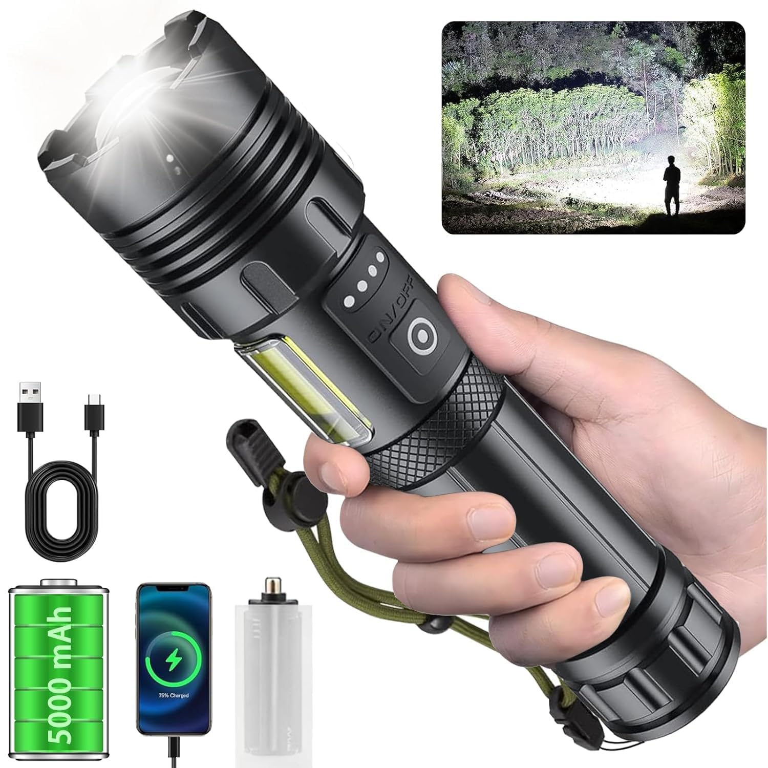 Luminex Rechargeable Torch Light High Power, LED Torchlight 10000 Lumens with USB Charging, Powerful Tactical Super Bright Flashlight, Waterproof Long Distance Flash Light for Home Emergency Camping-image-3