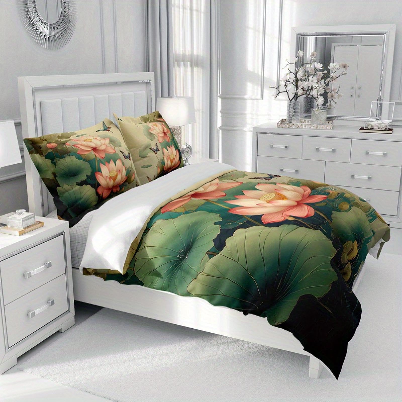 Linge de lit lotus rose 120x200cm toutes saisons comprenant housse de couette et taies d'oreiller