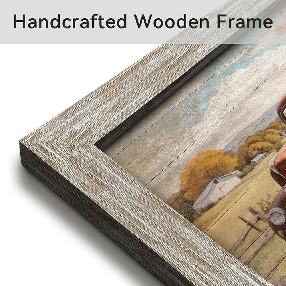 Farmhouse Truck Wood Wall Art: Red Car Framed Picture Rustic Barn Painting Country Anique Pickup Artwork Autumn Rural Scene Horizontal Print for Bedroom Living Room Home Office