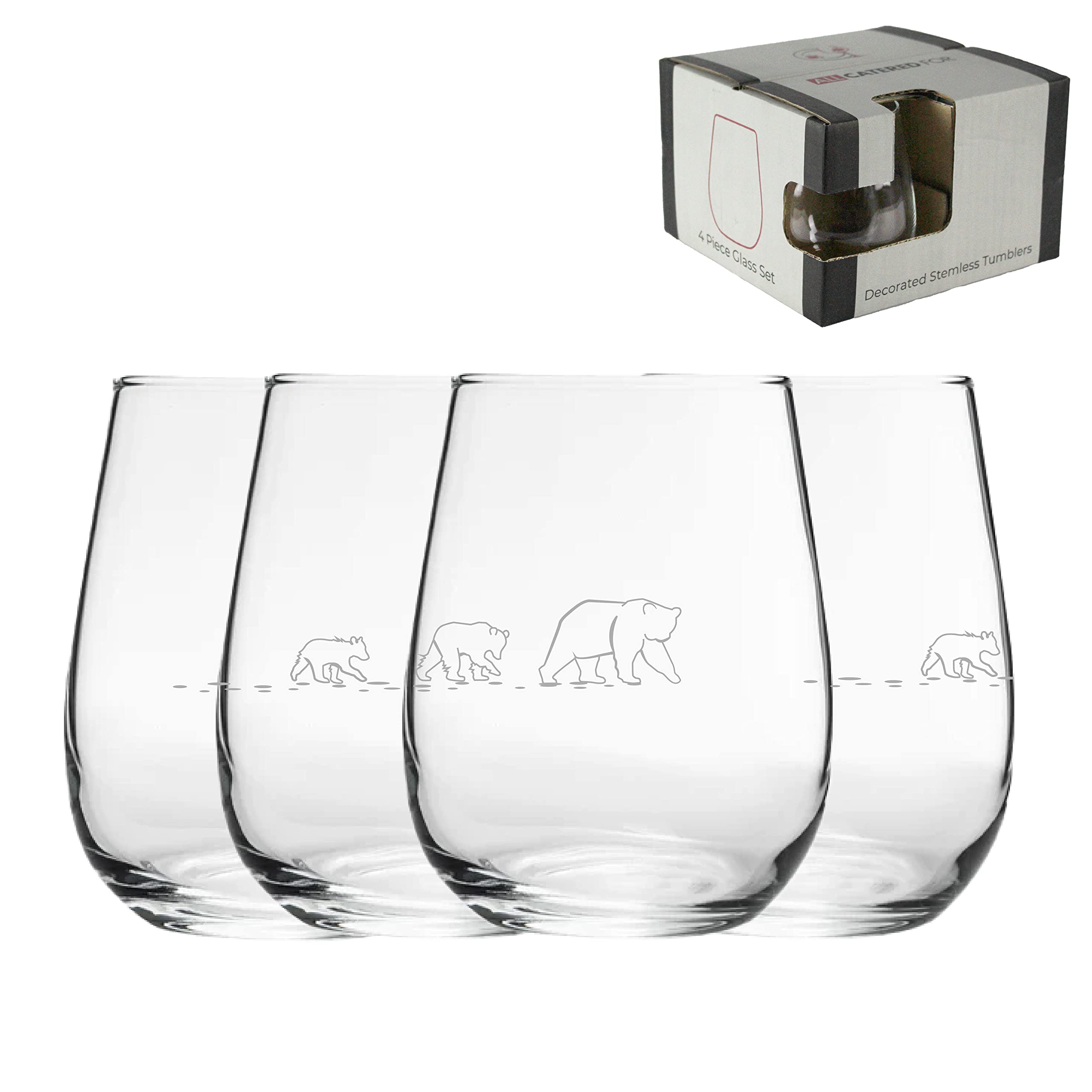 Engraved Bear Pattern Stemless Wine Glasses, Set of Four 12oz/360ml Gaia Glasses, Laser Engraved in The UK, Gift for Her, Gift for Mum, Grandma, Mothers Day, Birthday