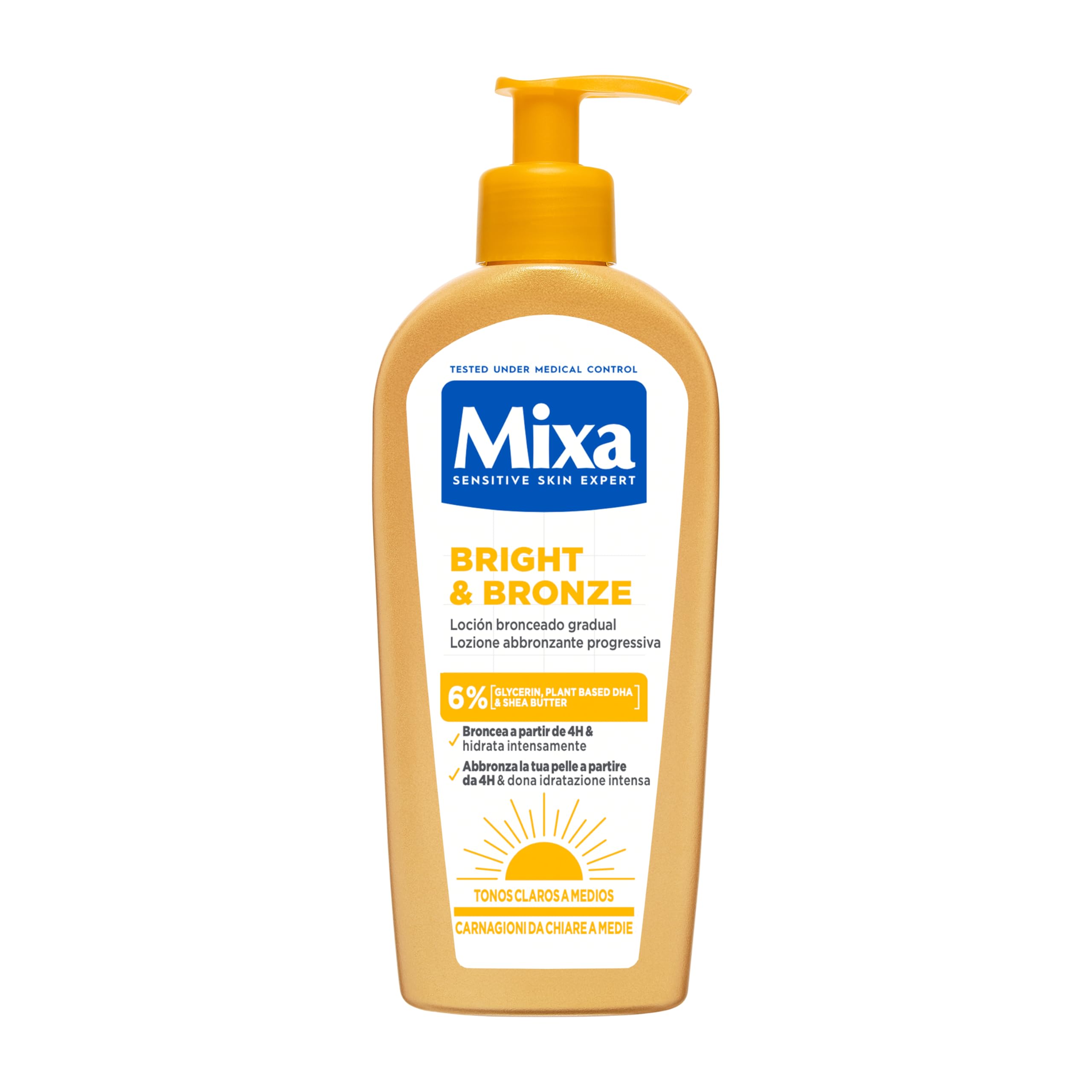 Mixa Lozione Abbronzante, Per Viso e Corpo, Per Carnagioni Chiare e Medie, Abbronzatura Progressiva e Naturale, Pelle Idratata e Luminosa, Con Glicerina e DHA Vegetale, Bright and Bronze, 250 ml
