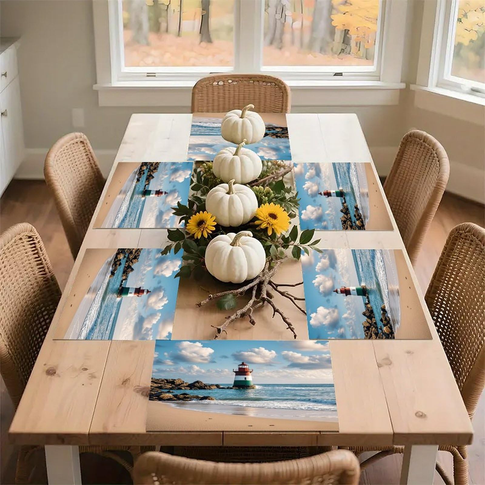 Sea Lighthouse Sandbeach Placemats Flax Place Mats for Dining Table Rectangle Non-Slip Table Mats Heat Resistant Washable Placemat for Kitchen Home Decor Party Outdoor 12" X 18"