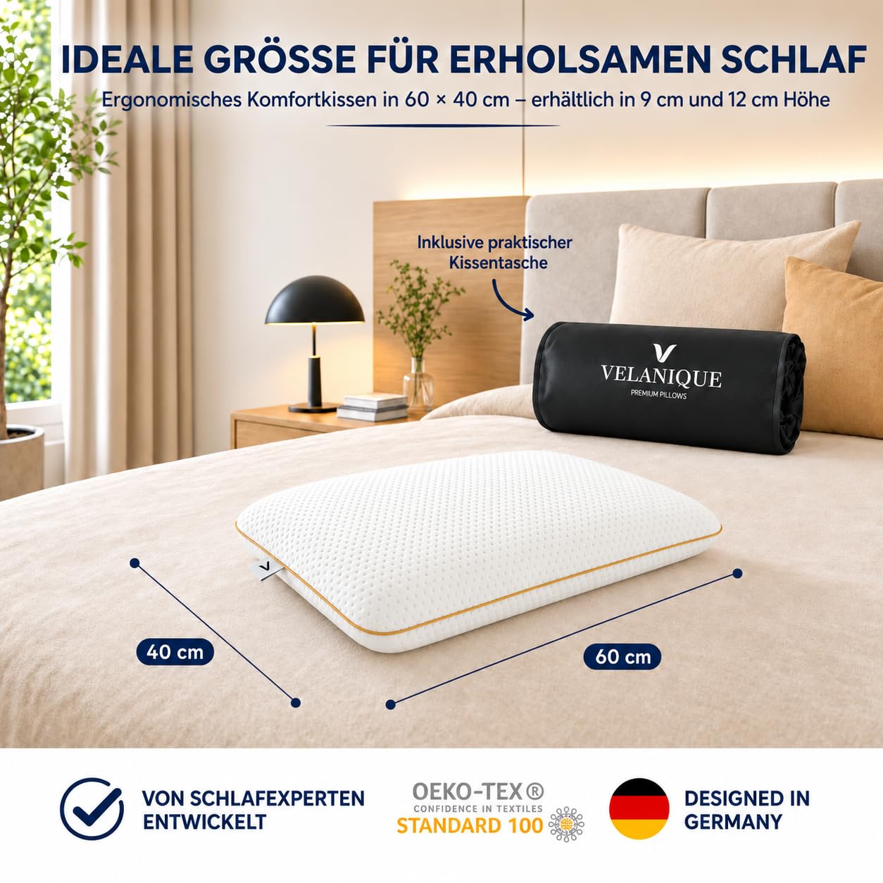 Air Comfort Flow+ Kopfkissen 60 x 40 cm – ergonomisches Memory Foam Kissen mit Luftkanälen, atmungsaktiv, formstabil, Höhenwahl 9 oder 12 cm (60 x 40 x 12 cm)