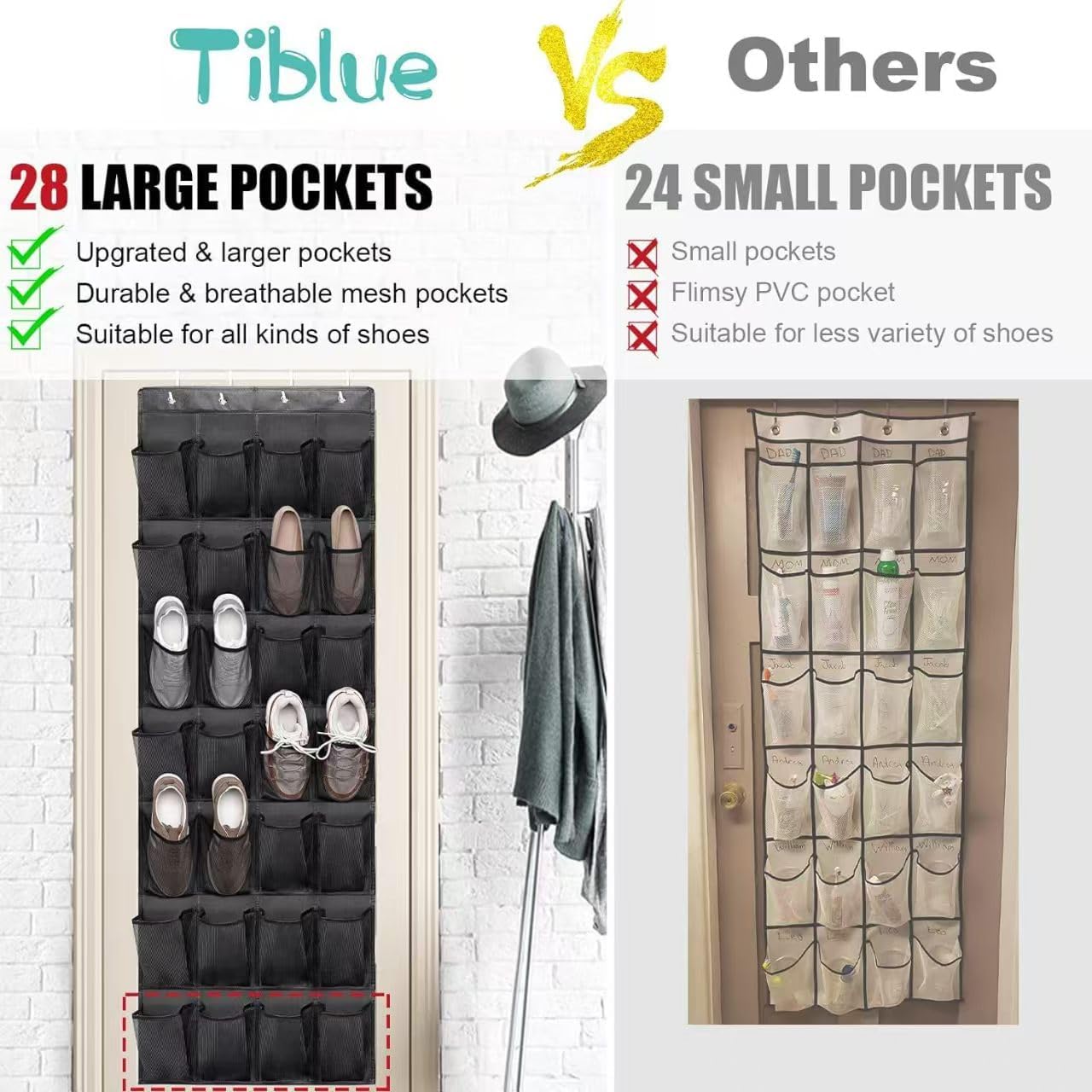 Over The Door Shoe Rack Organizer with Large Mesh Pockets, 24 Pockets for 12+ Shoes, Hanging Closet Storage, SpaceSaving(White 28grids)