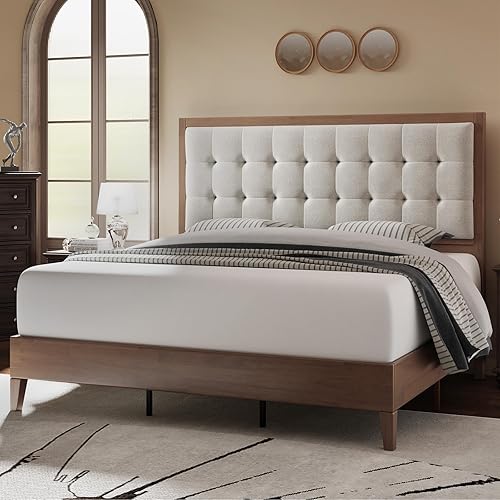 Solid Wood Queen Size Bed Frame 50.2" Tall Upholstered Headboard,