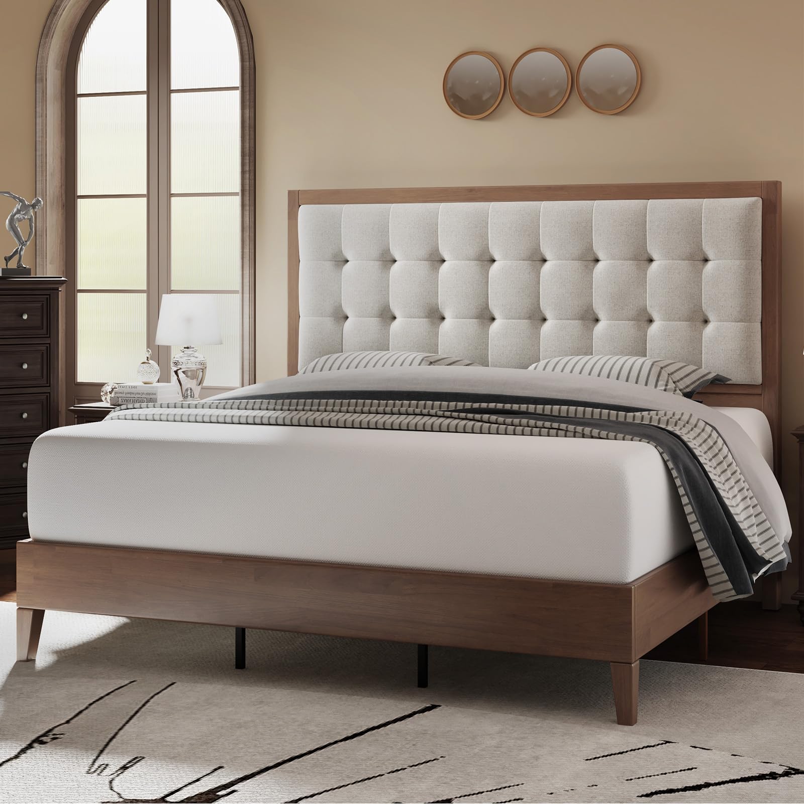 Jocisland Solid Wood Queen Size Bed Frame 50.2" Tall Upholstered Headboard, No Box Spring Needed, Walnut