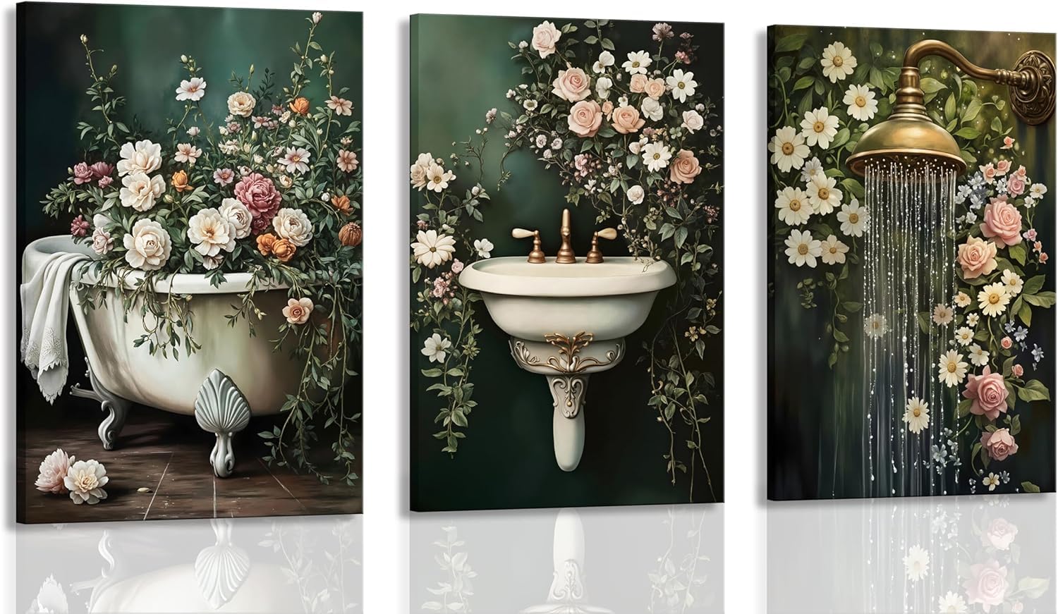 lianyibo 3Pcs Romantic Vintage Floral Bathroom Wall Art Canvas Posters Prints Pictures Bathtub Sink Shower Paintings Wall Decor(70x90x3/Frameless)