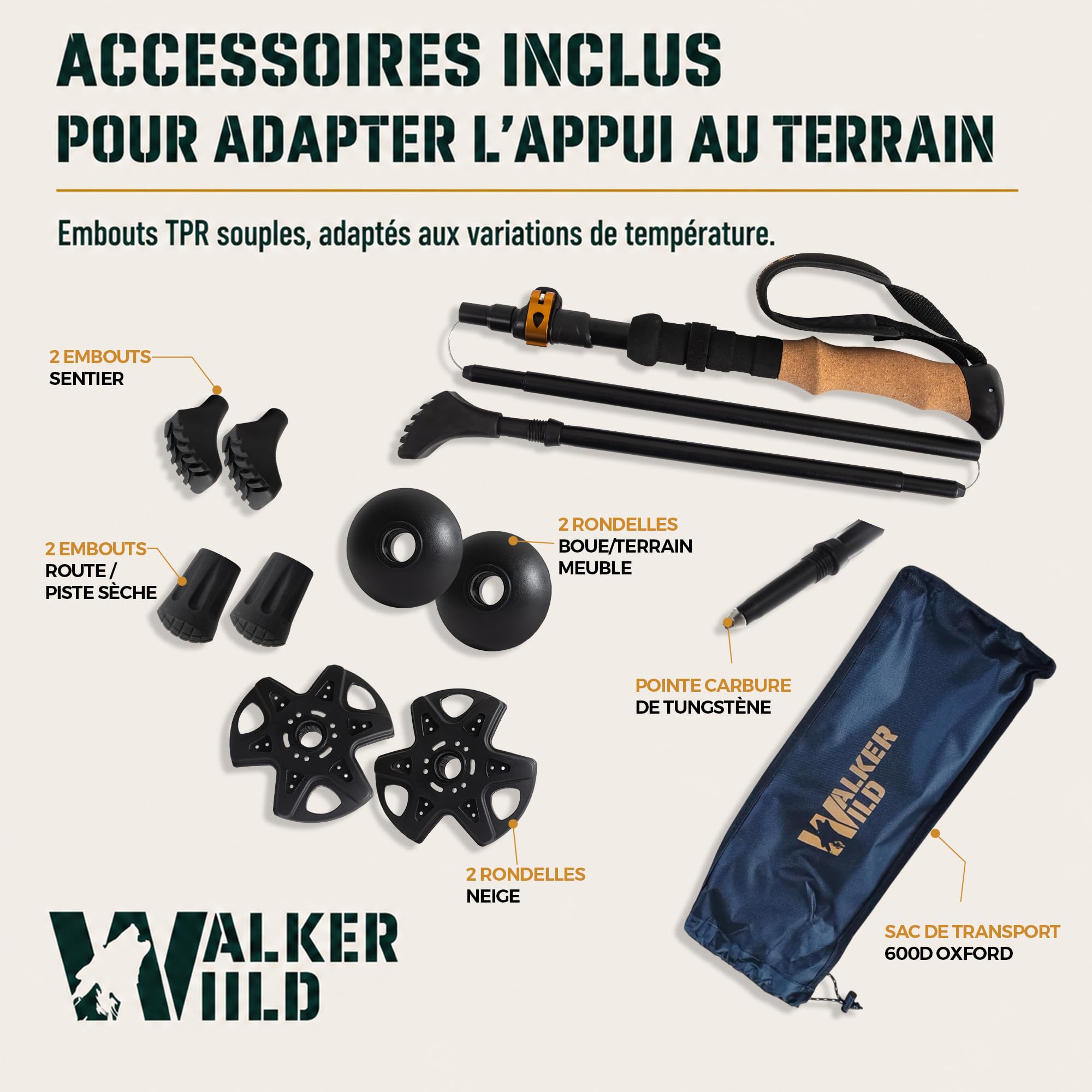 Bâtons de Randonnée Pliables Aluminium 7075 Lot de 2 | 115-135 cm, poignées EVA/liège, format 35 cm, pointes carbure